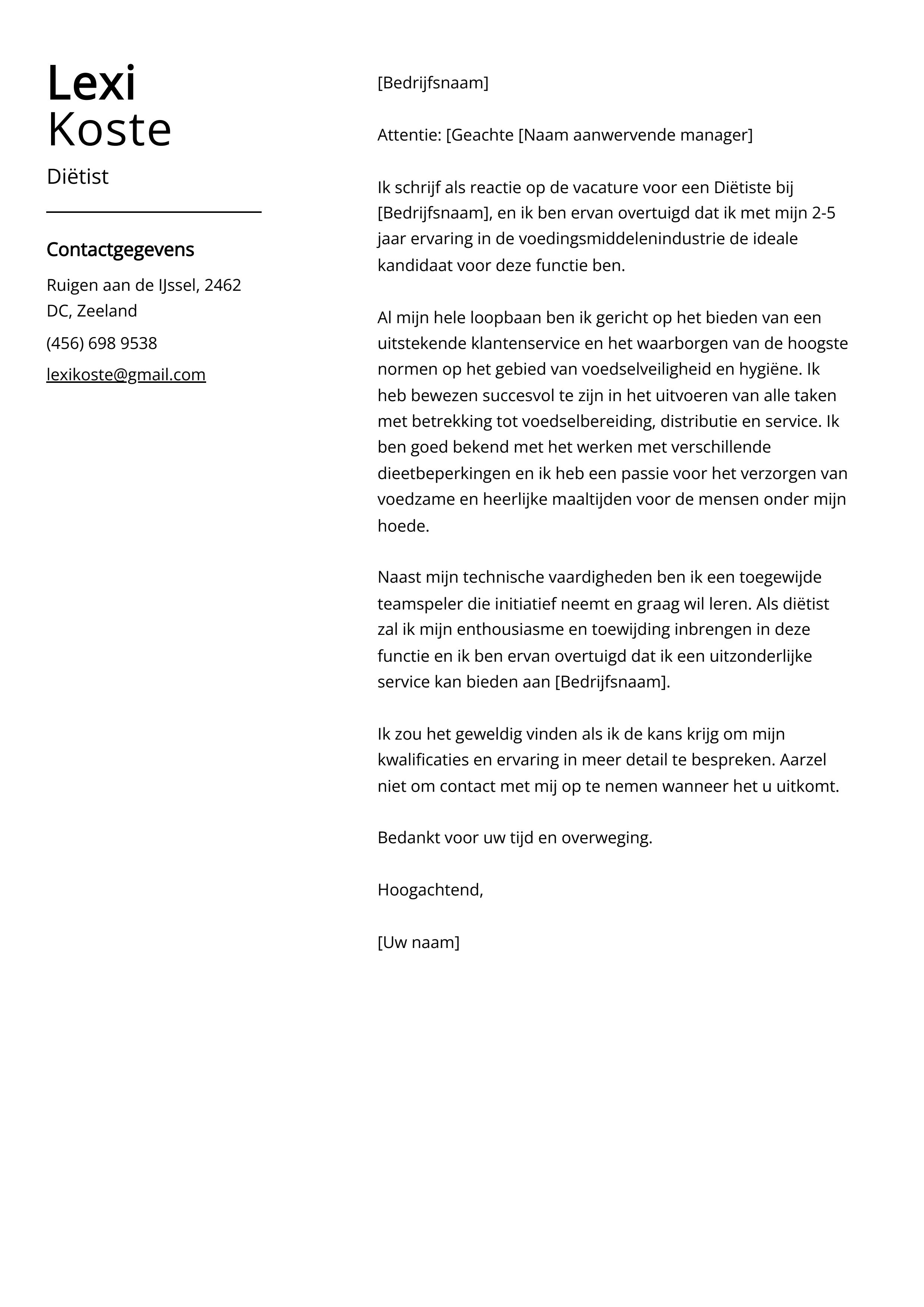 Diëtist sollicitatiebrief voorbeeld