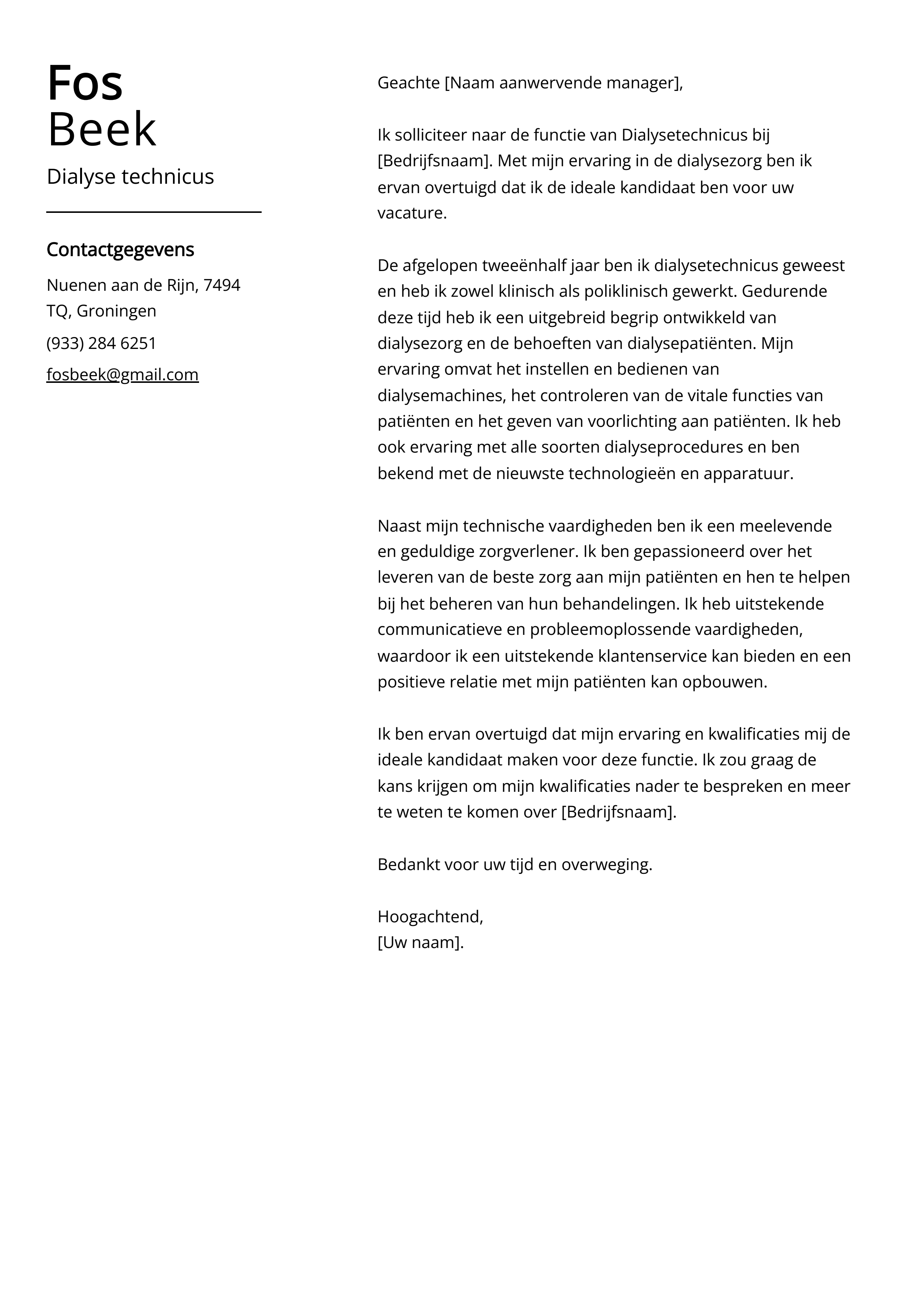 Dialyse technicus Voorbeeld sollicitatiebrief