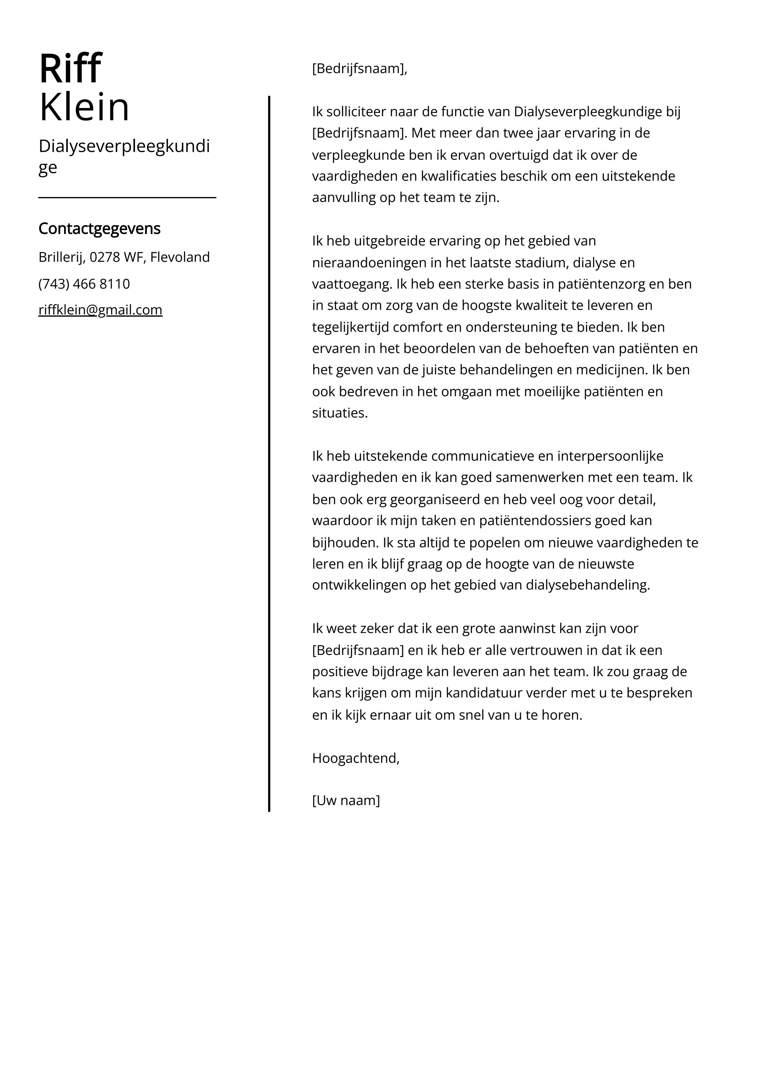 Dialyseverpleegkundige sollicitatiebrief voorbeeld