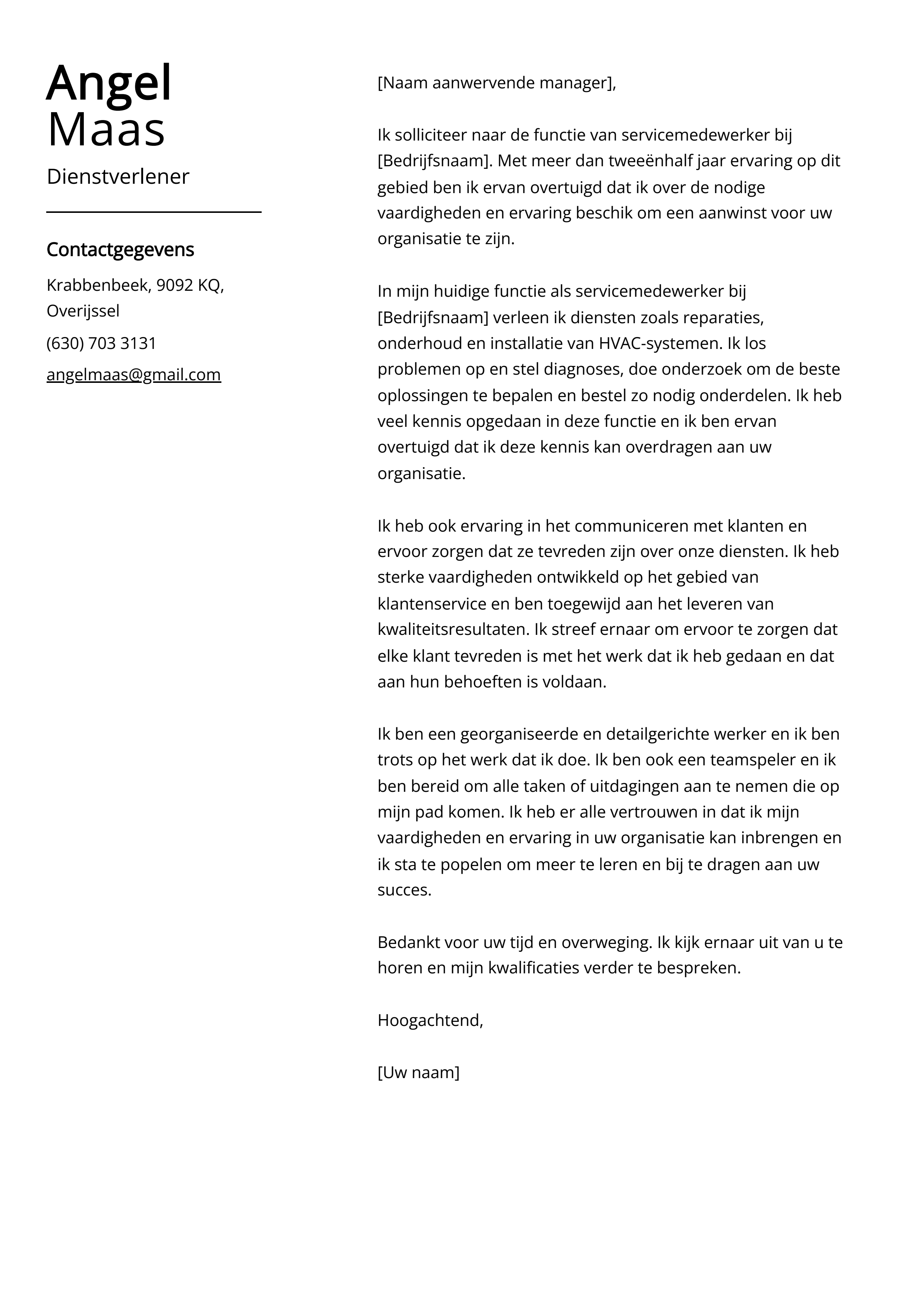 Dienstverlener sollicitatiebrief voorbeeld