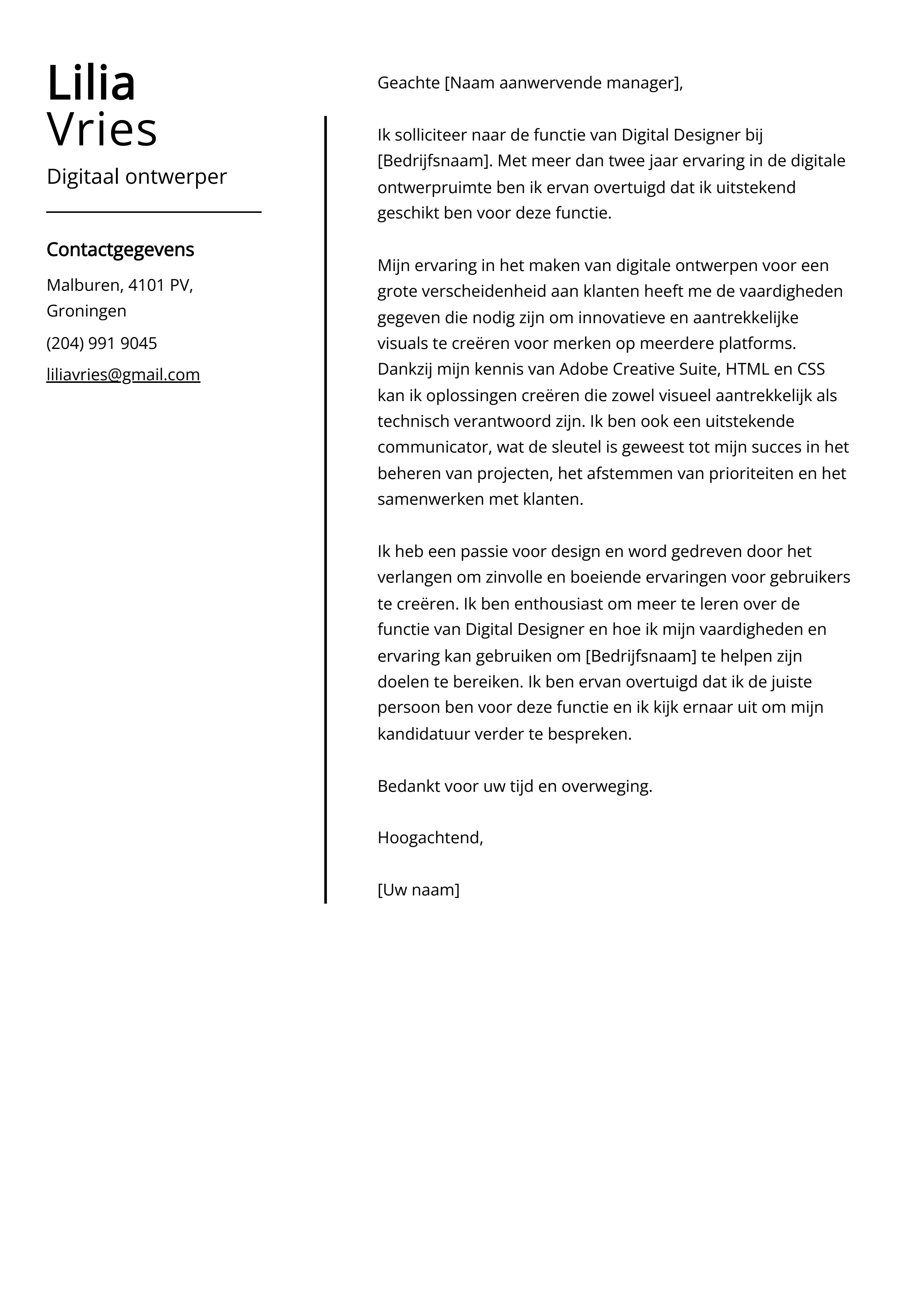 Digitaal ontwerper Cover Letter Voorbeeld