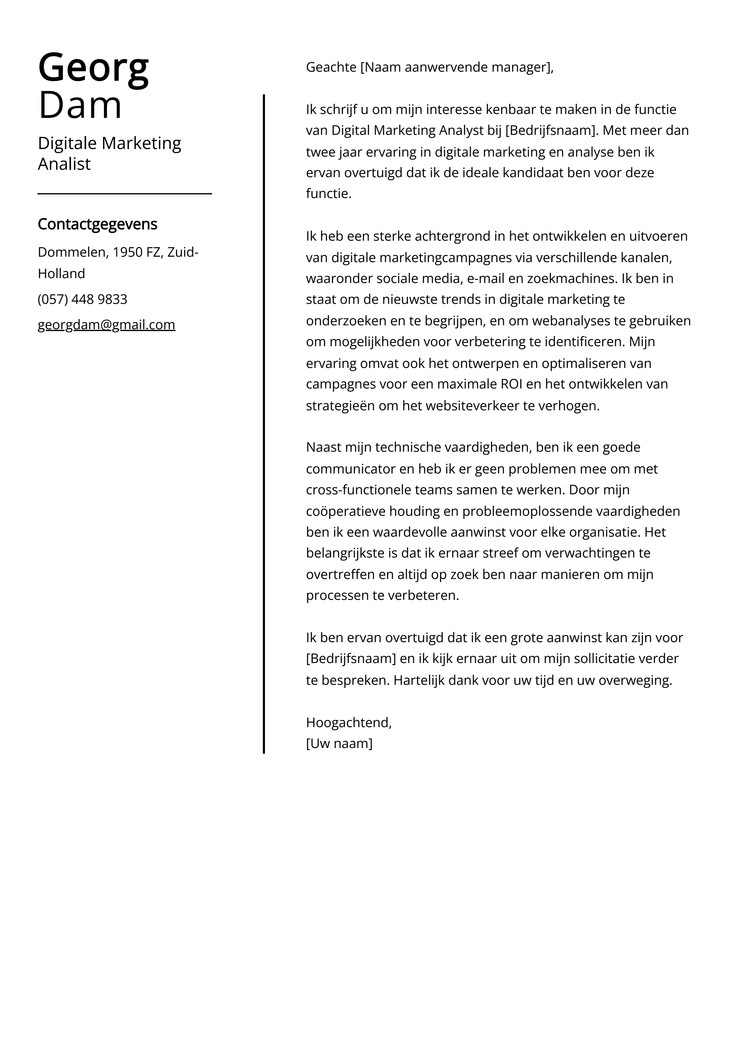 Digitale Marketing Analist Sollicitatiebrief Voorbeeld