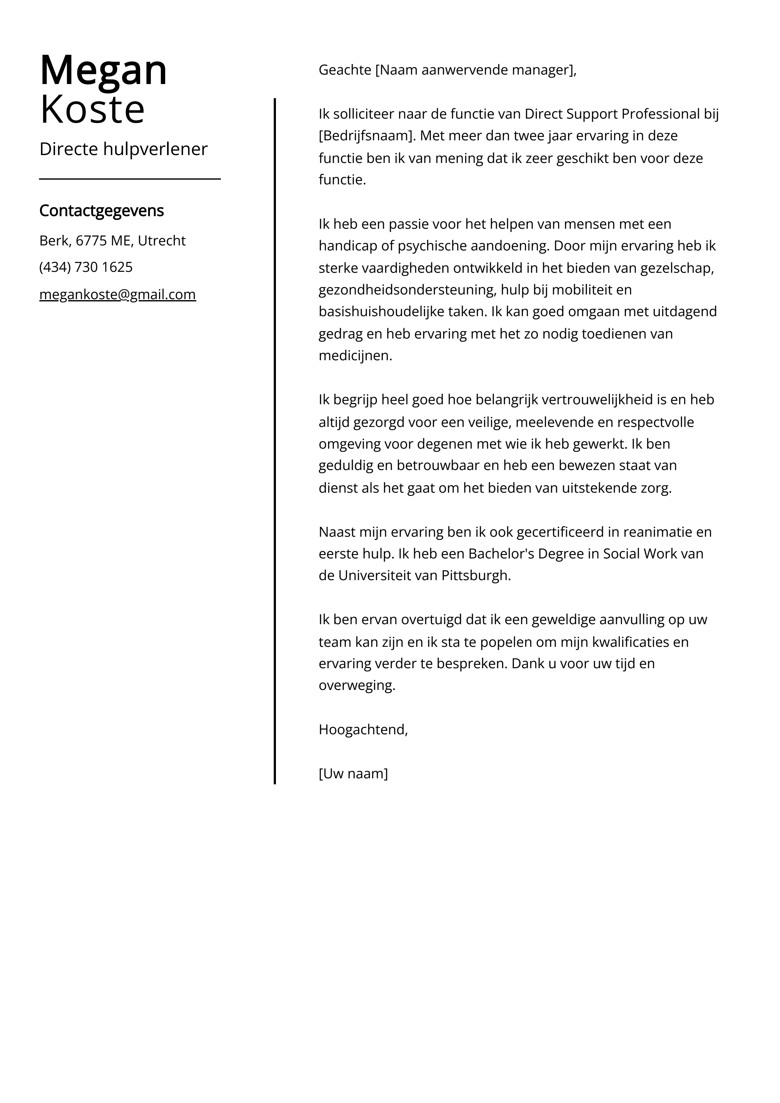 Directe hulpverlener Cover Letter Voorbeeld