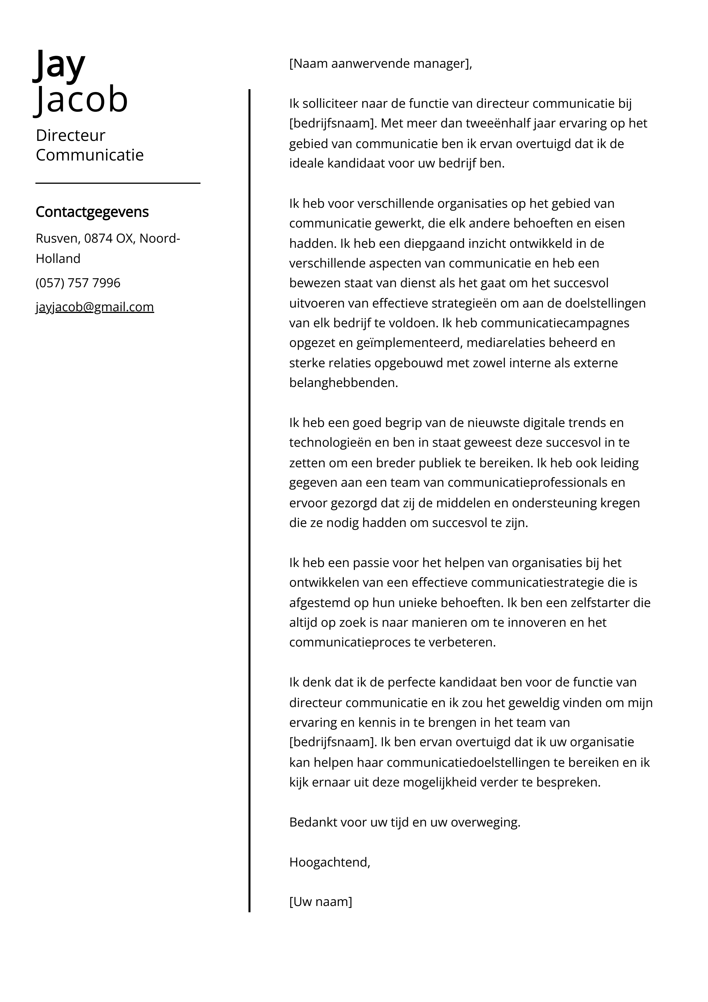 Voorbeeld sollicitatiebrief directeur communicatie