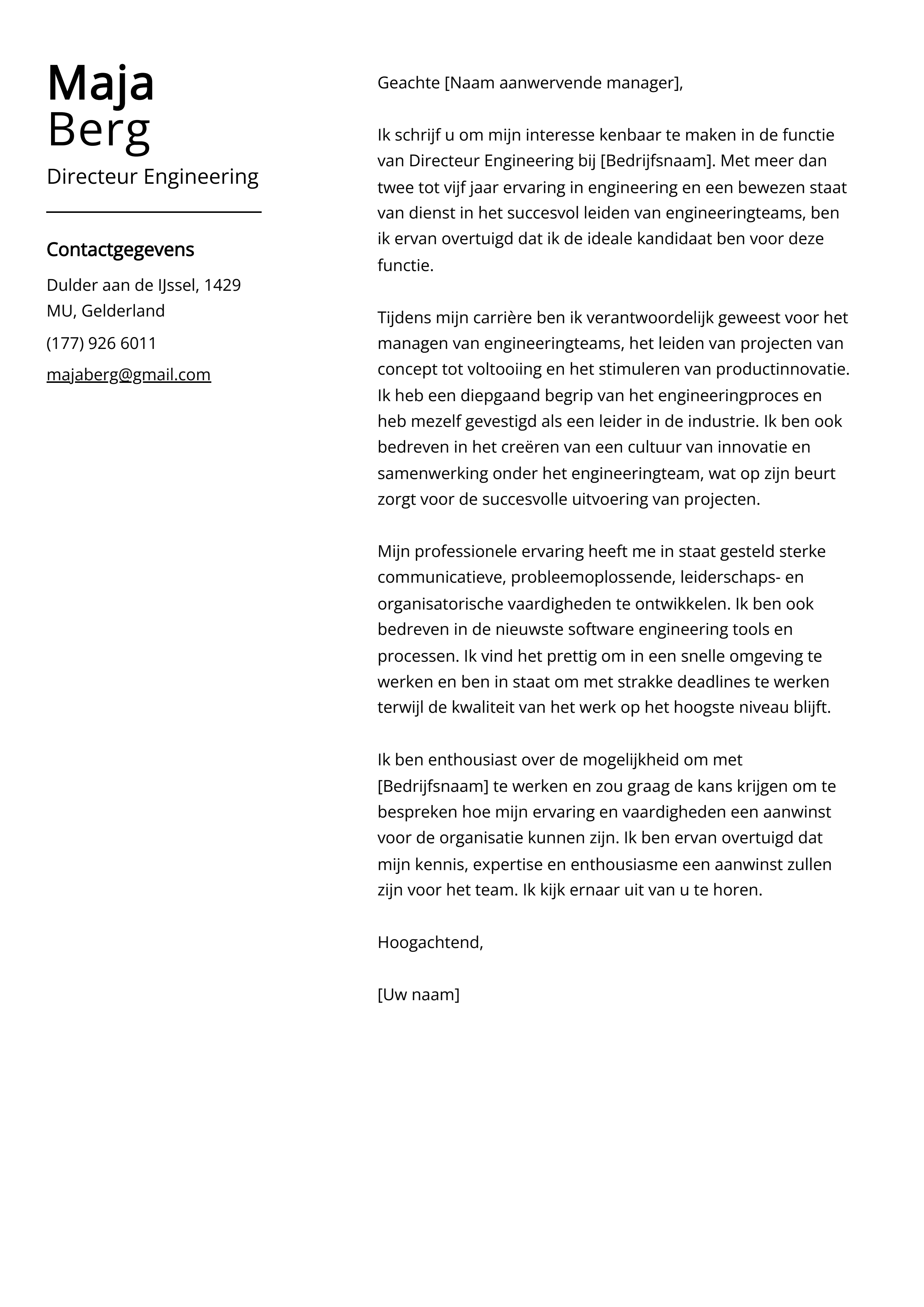 Directeur Engineering Sollicitatiebrief Voorbeeld