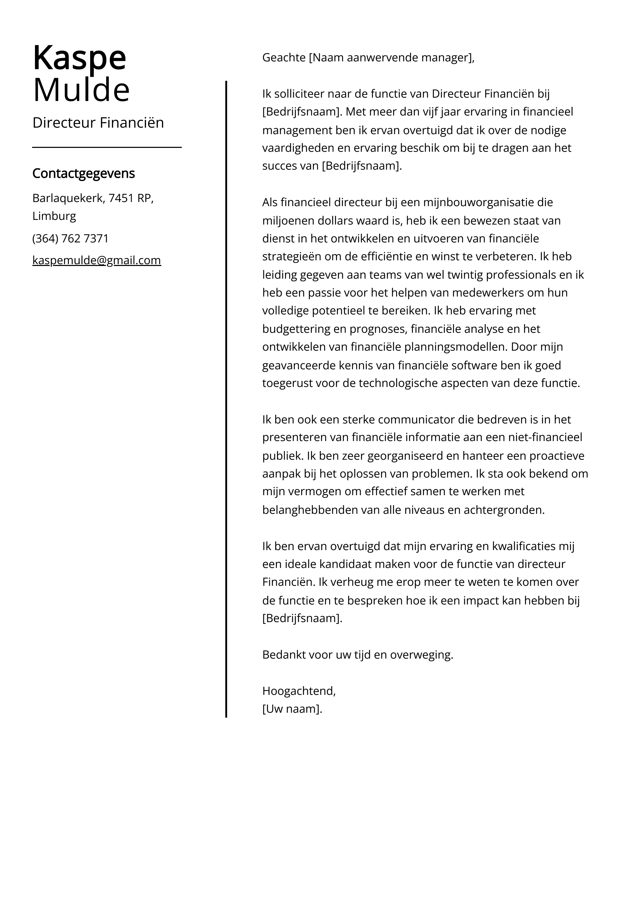 Voorbeeld sollicitatiebrief Directeur Financiën