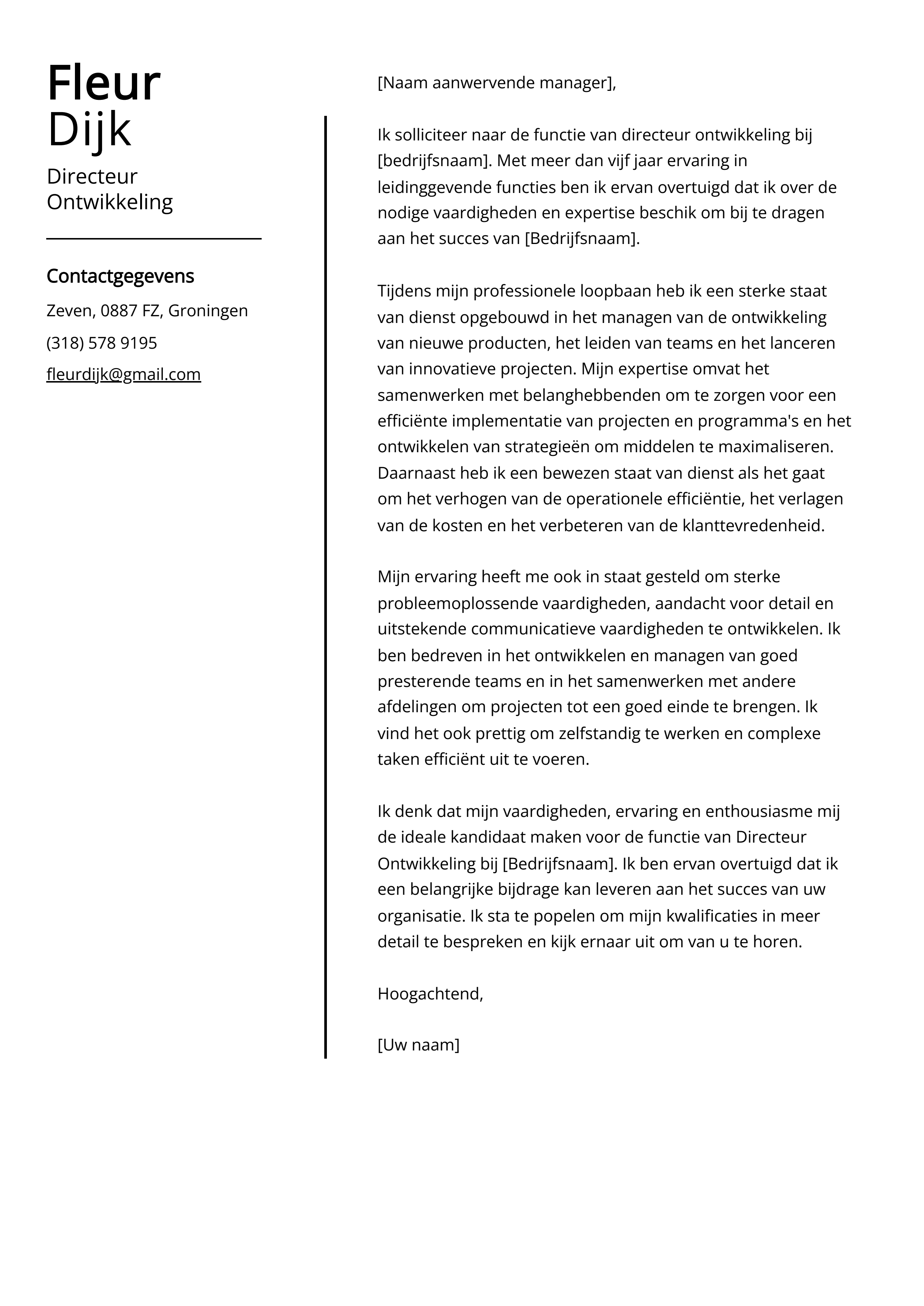 Voorbeeld sollicitatiebrief Directeur Ontwikkeling