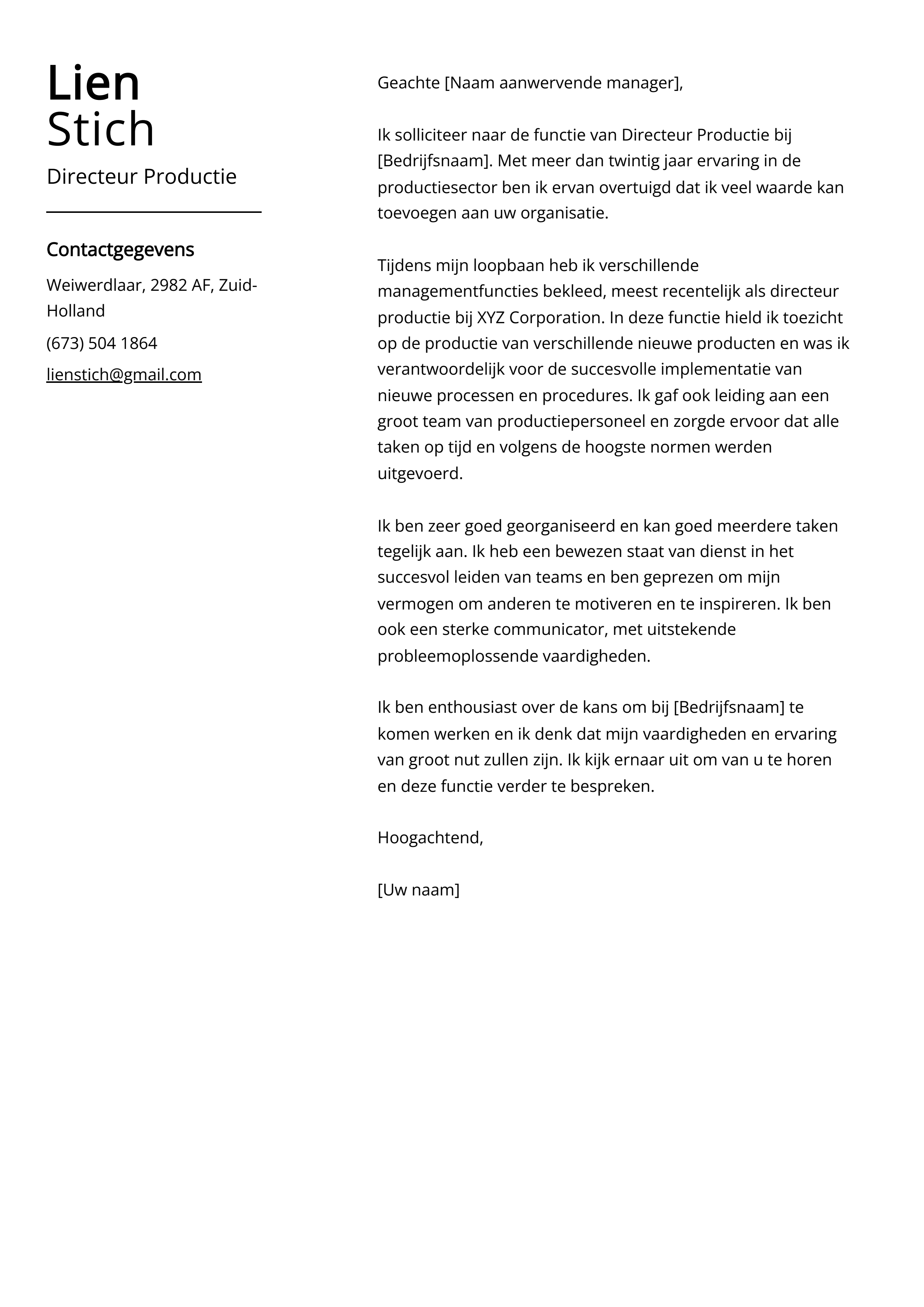 Voorbeeld sollicitatiebrief Directeur Productie