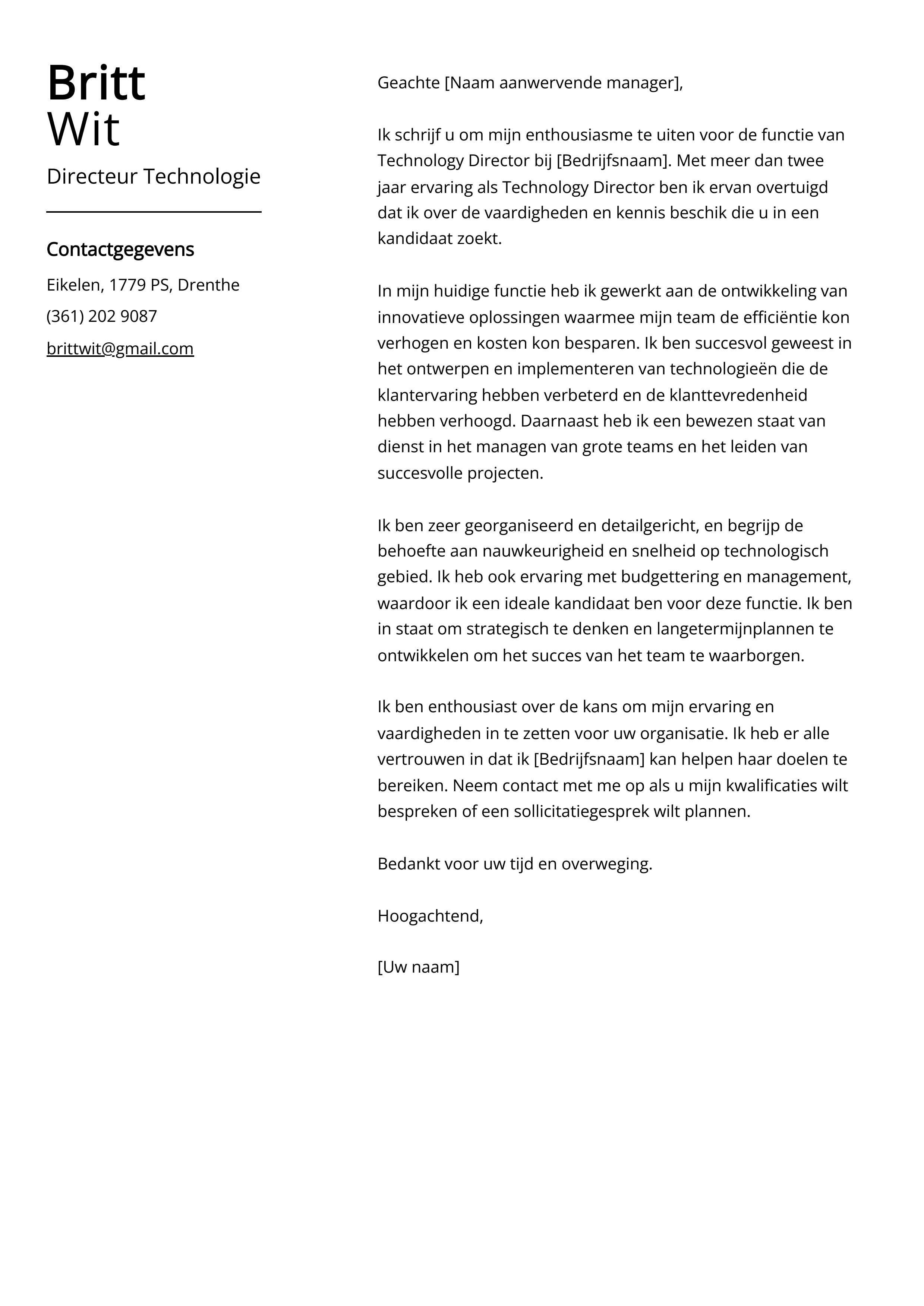 Voorbeeld sollicitatiebrief Directeur Technologie