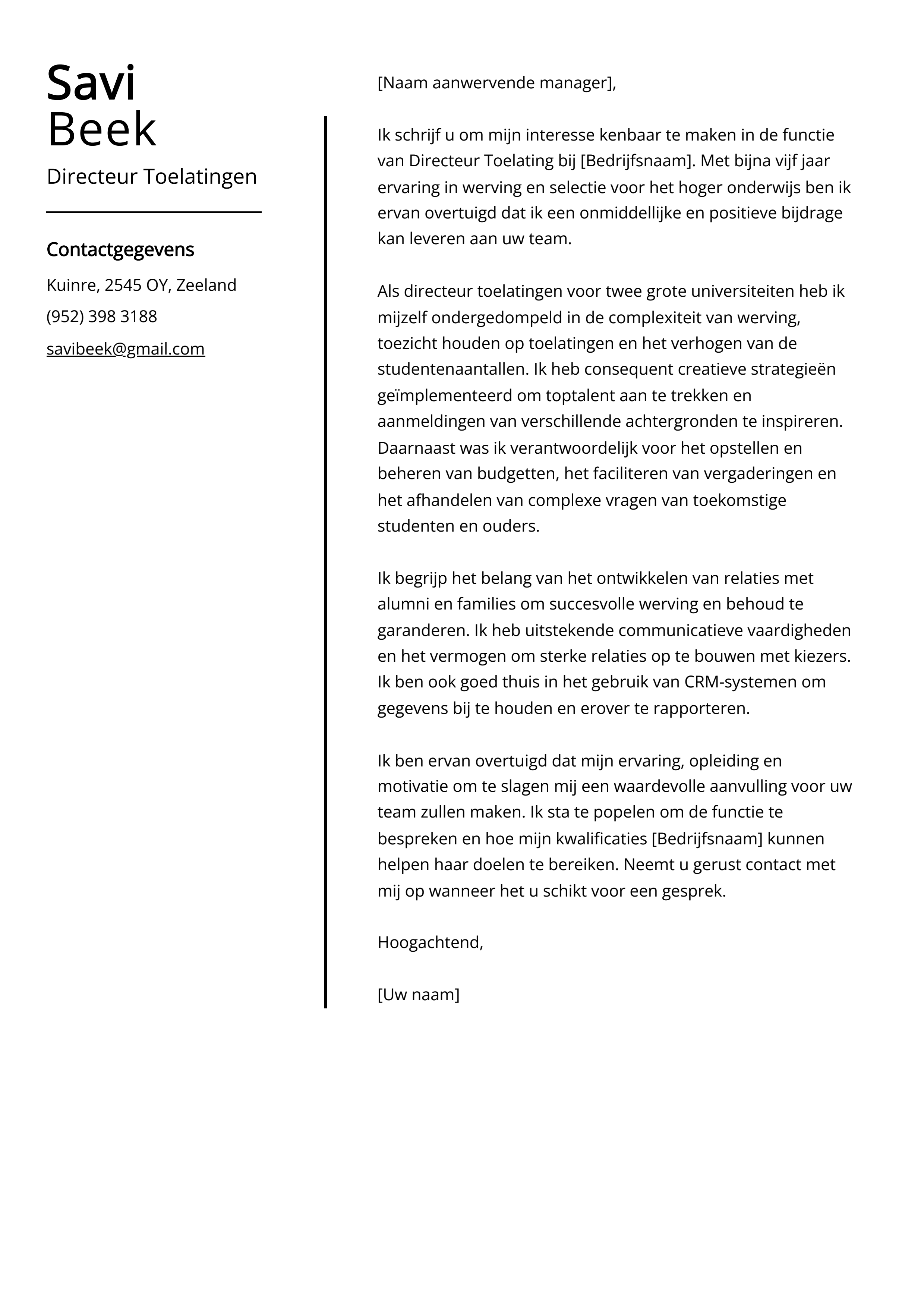 Voorbeeld sollicitatiebrief directeur Toelatingen