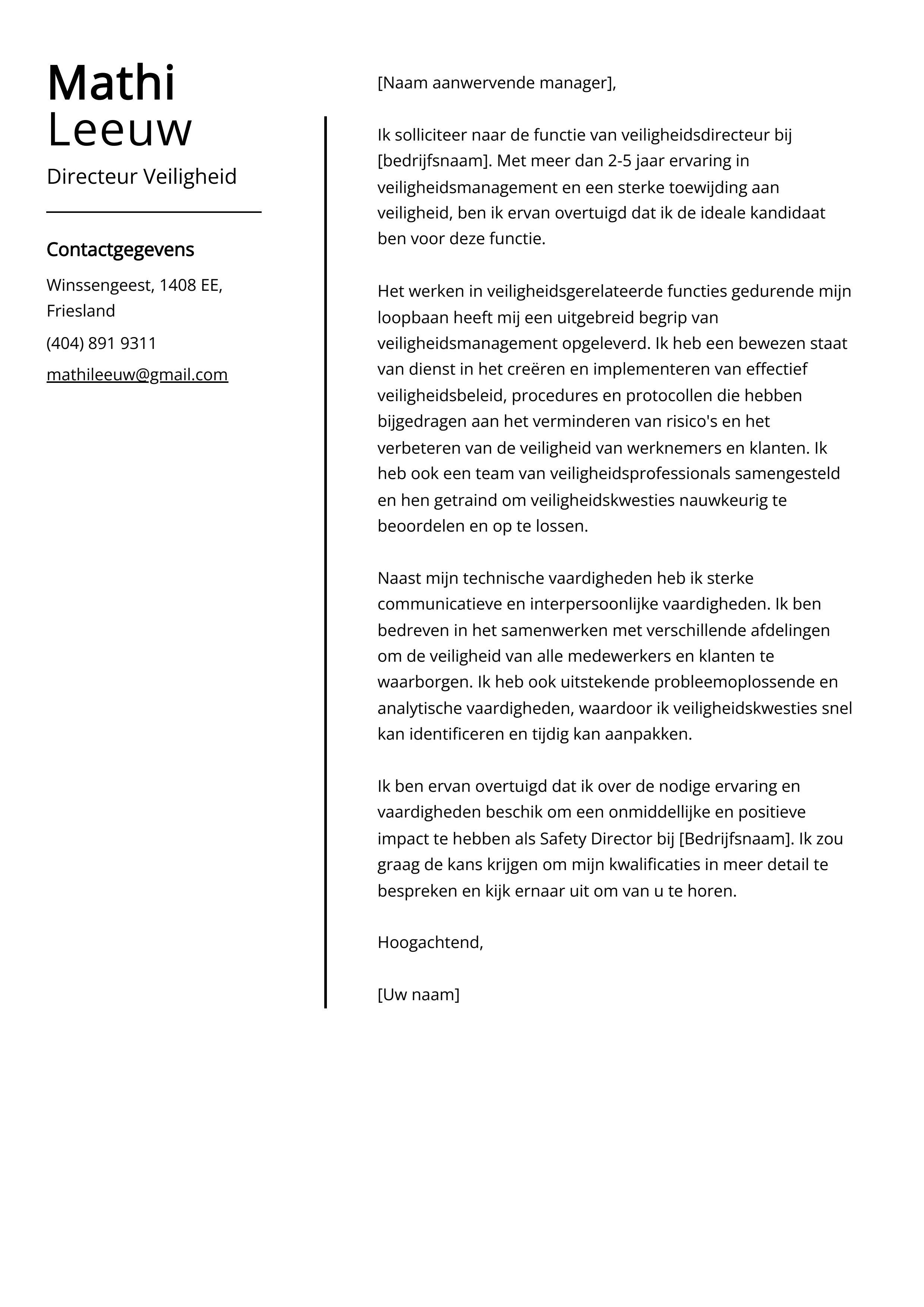 Voorbeeld sollicitatiebrief directeur veiligheid