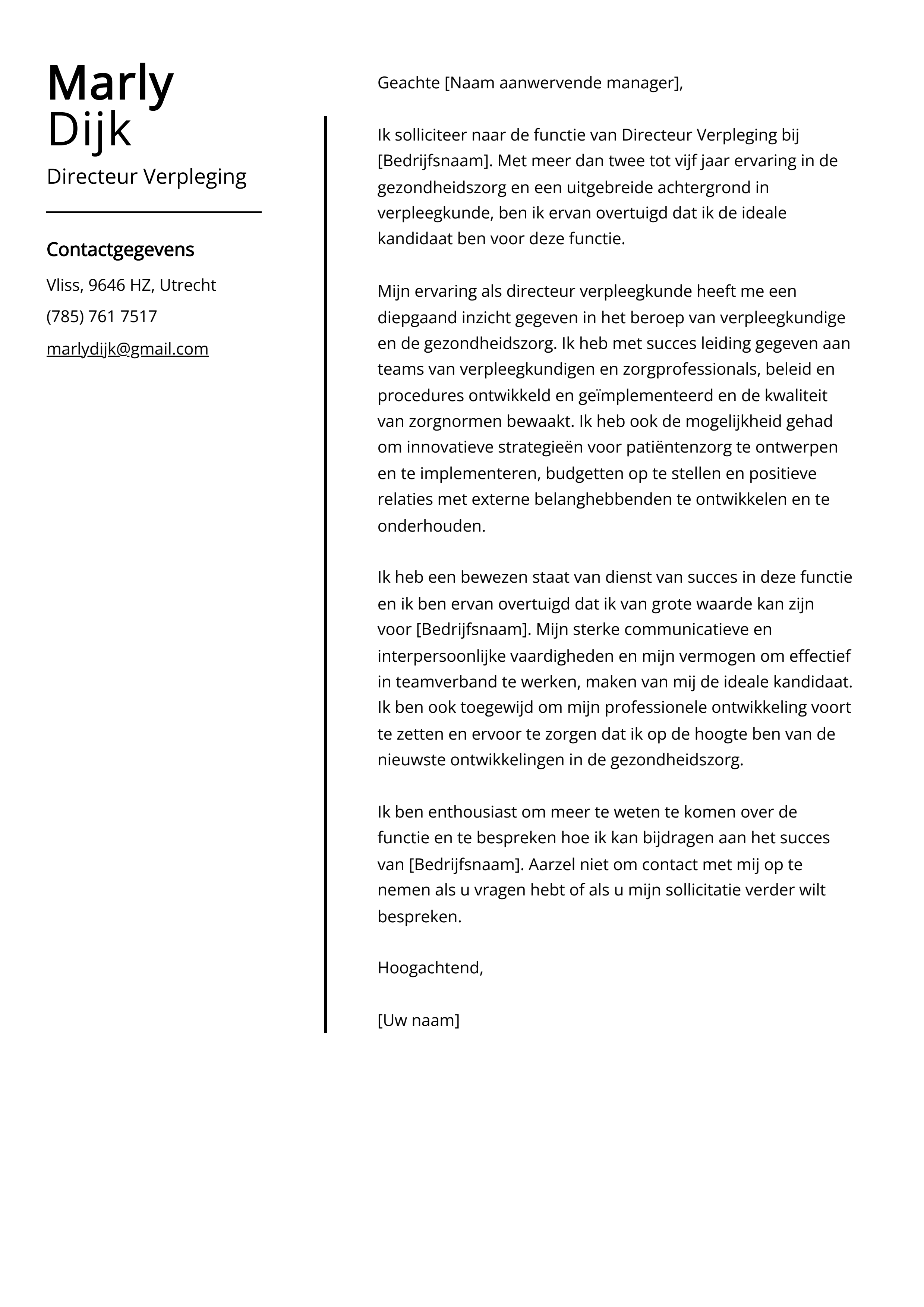 Voorbeeld sollicitatiebrief Directeur Verpleging