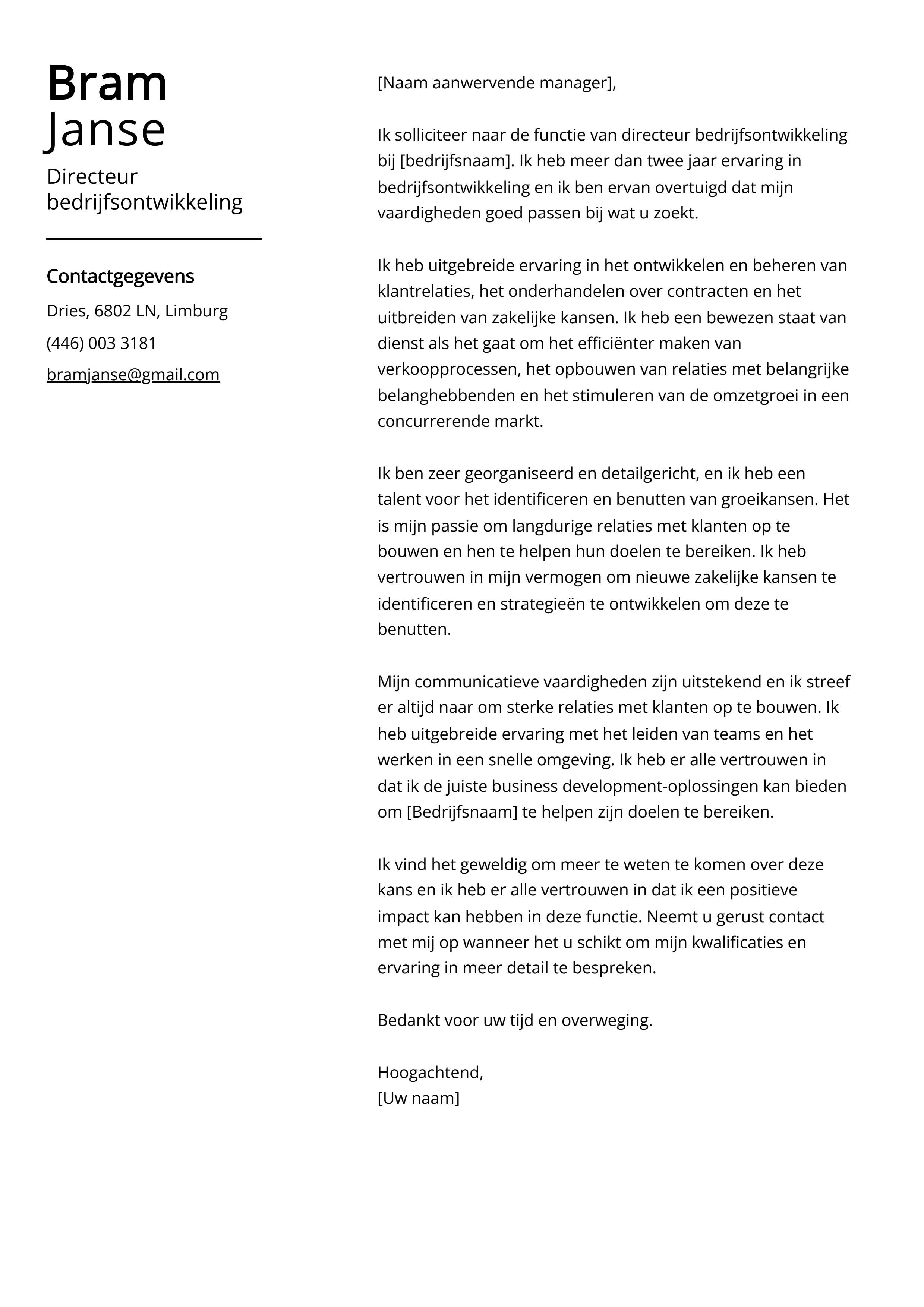 Voorbeeld sollicitatiebrief directeur bedrijfsontwikkeling