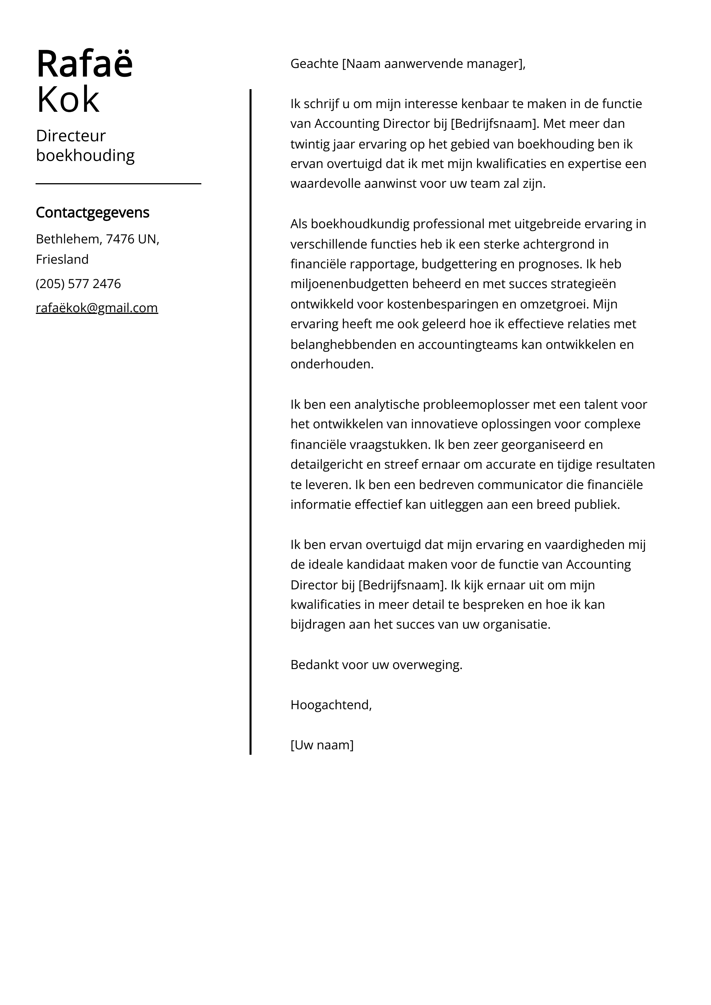 Directeur boekhouding Cover Letter Voorbeeld