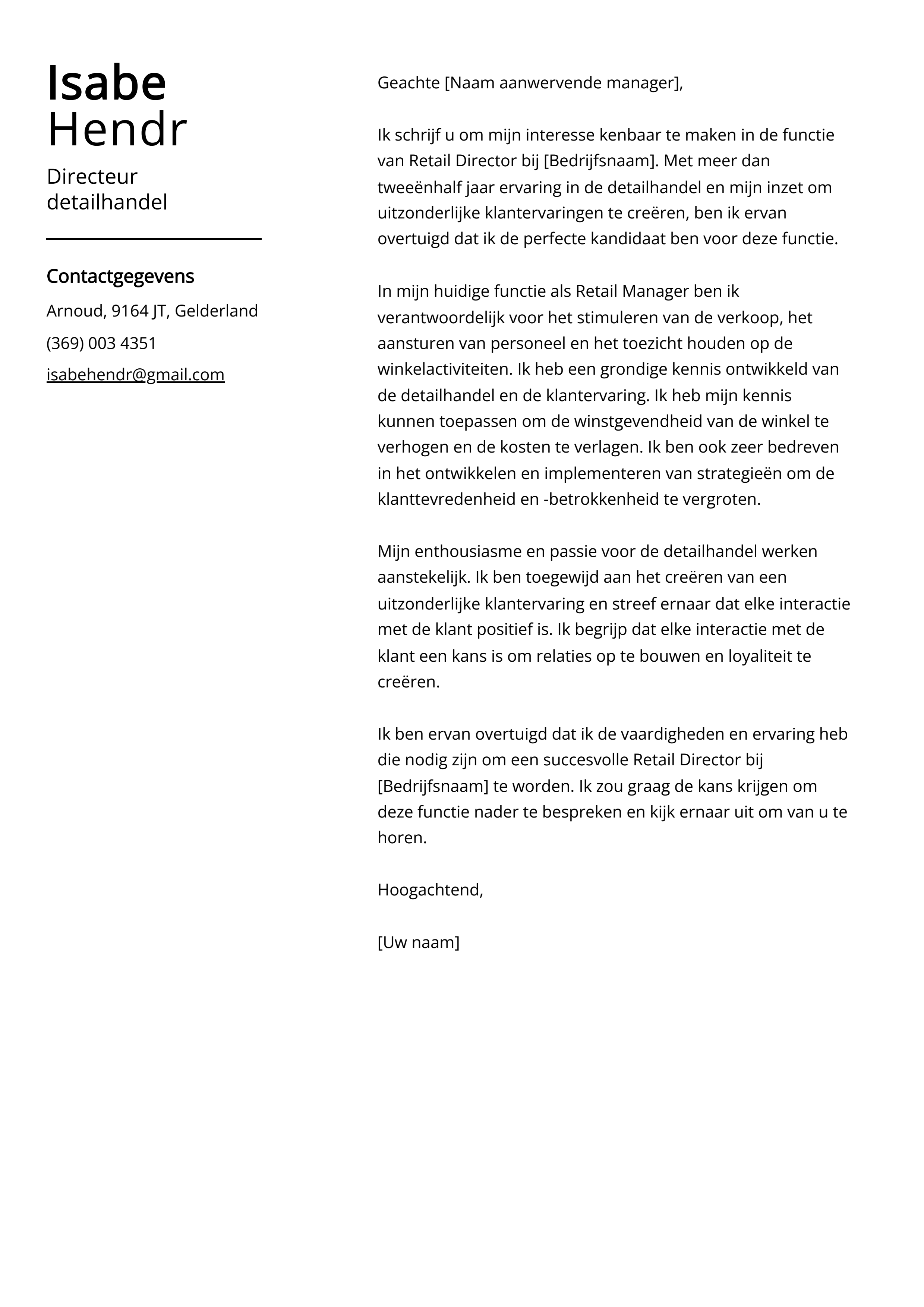 Directeur detailhandel Voorbeeld sollicitatiebrief