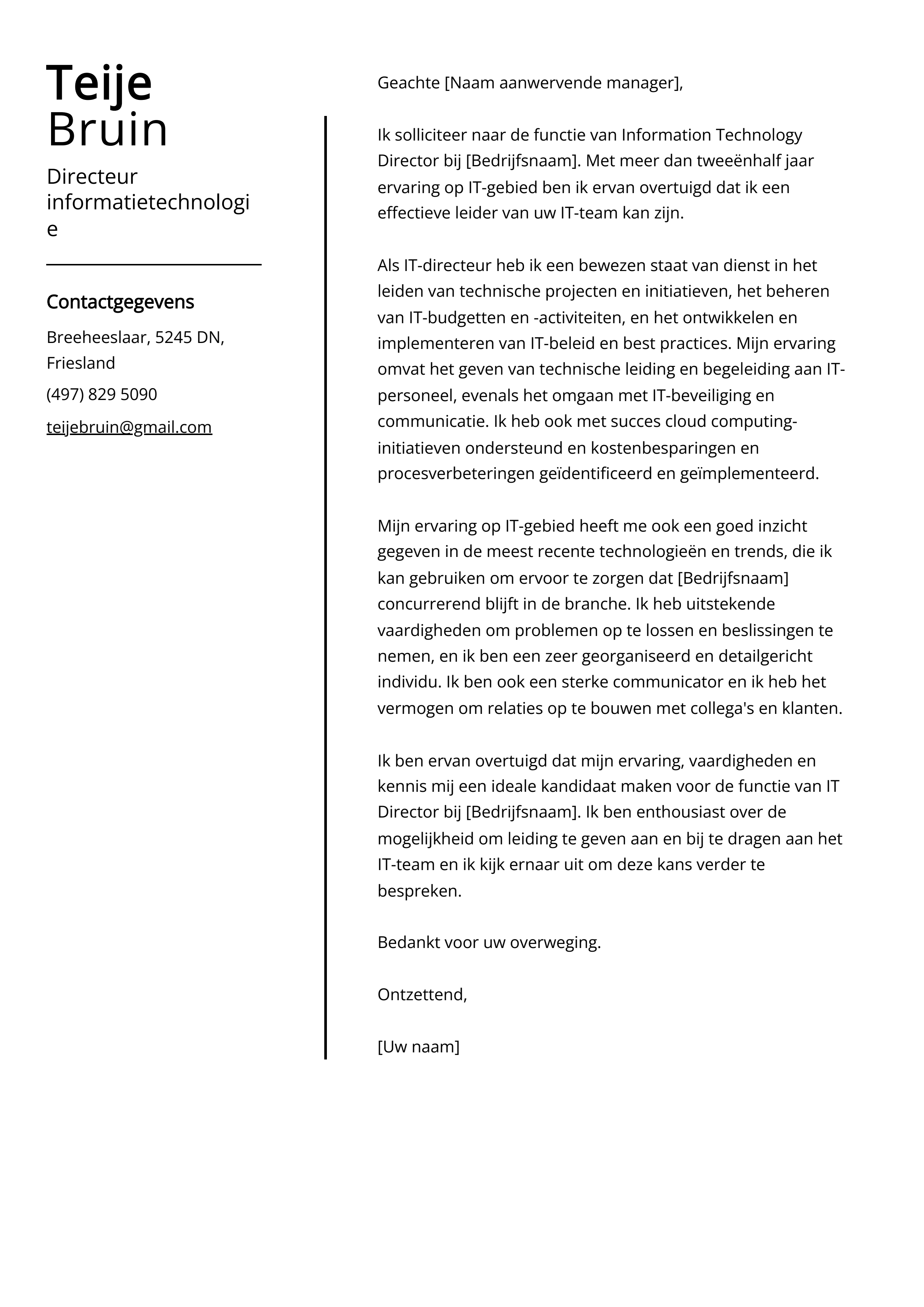 Directeur informatietechnologie Voorbeeld sollicitatiebrief