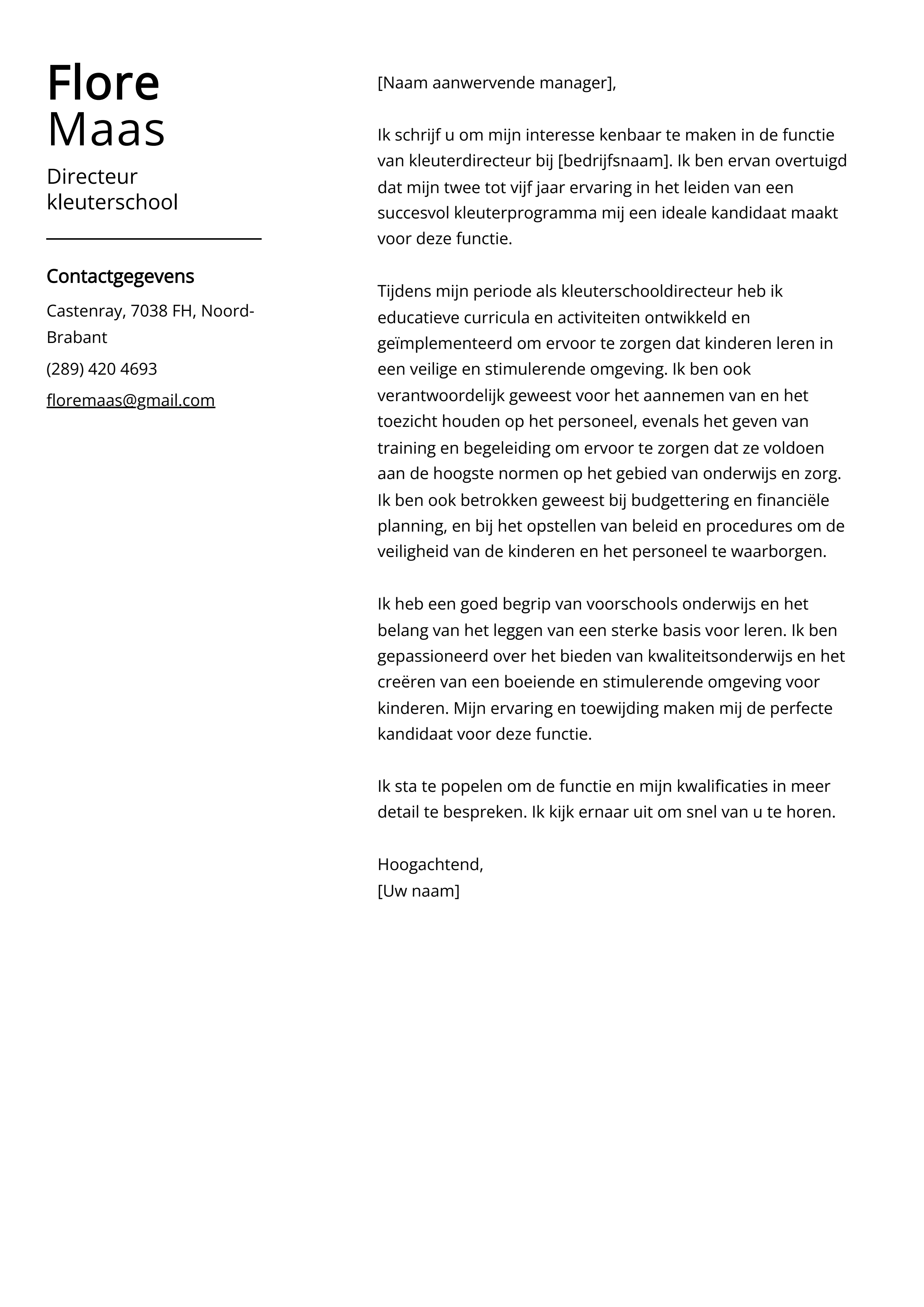 Voorbeeld sollicitatiebrief directeur kleuterschool