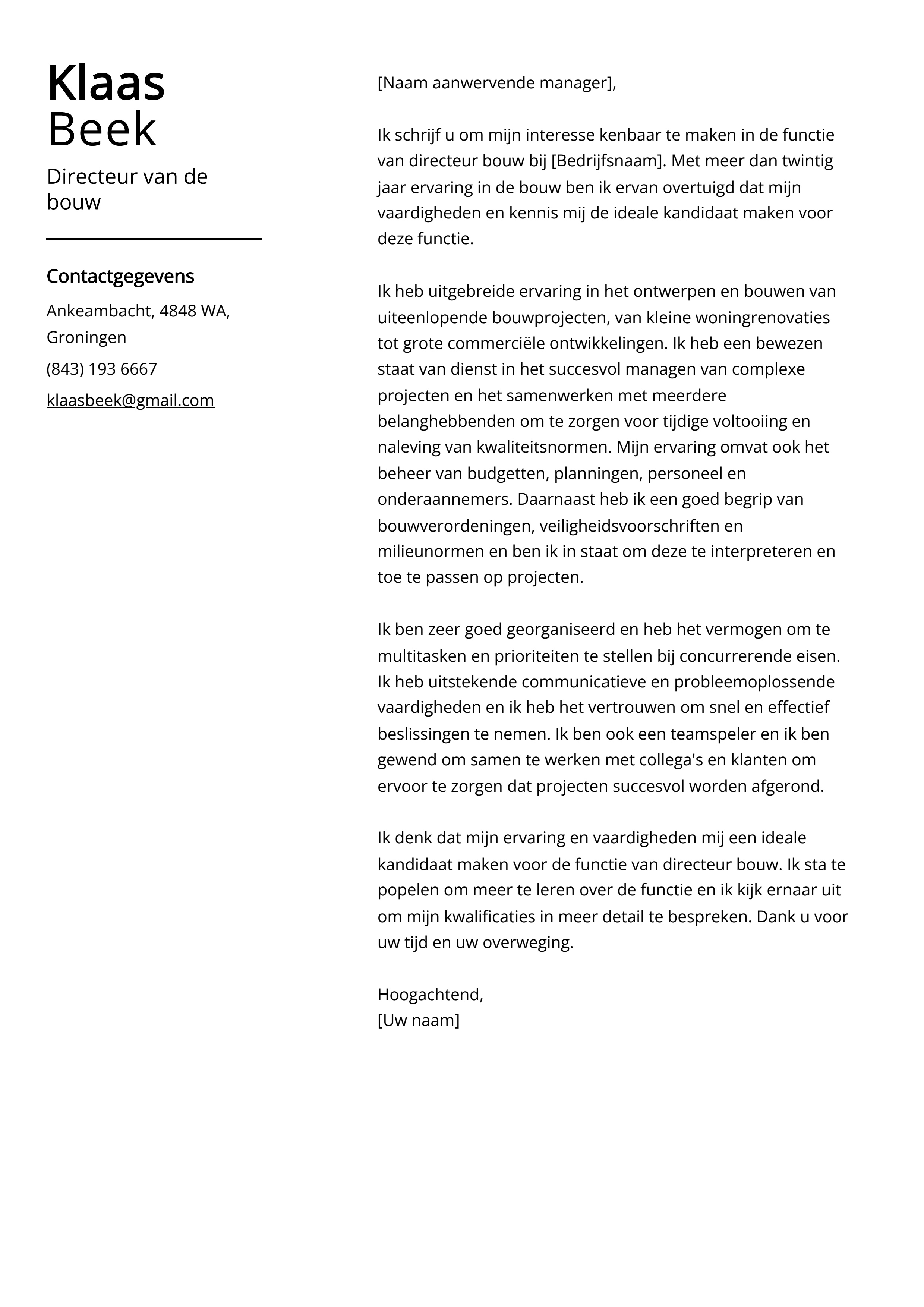 Voorbeeld sollicitatiebrief Directeur van de bouw