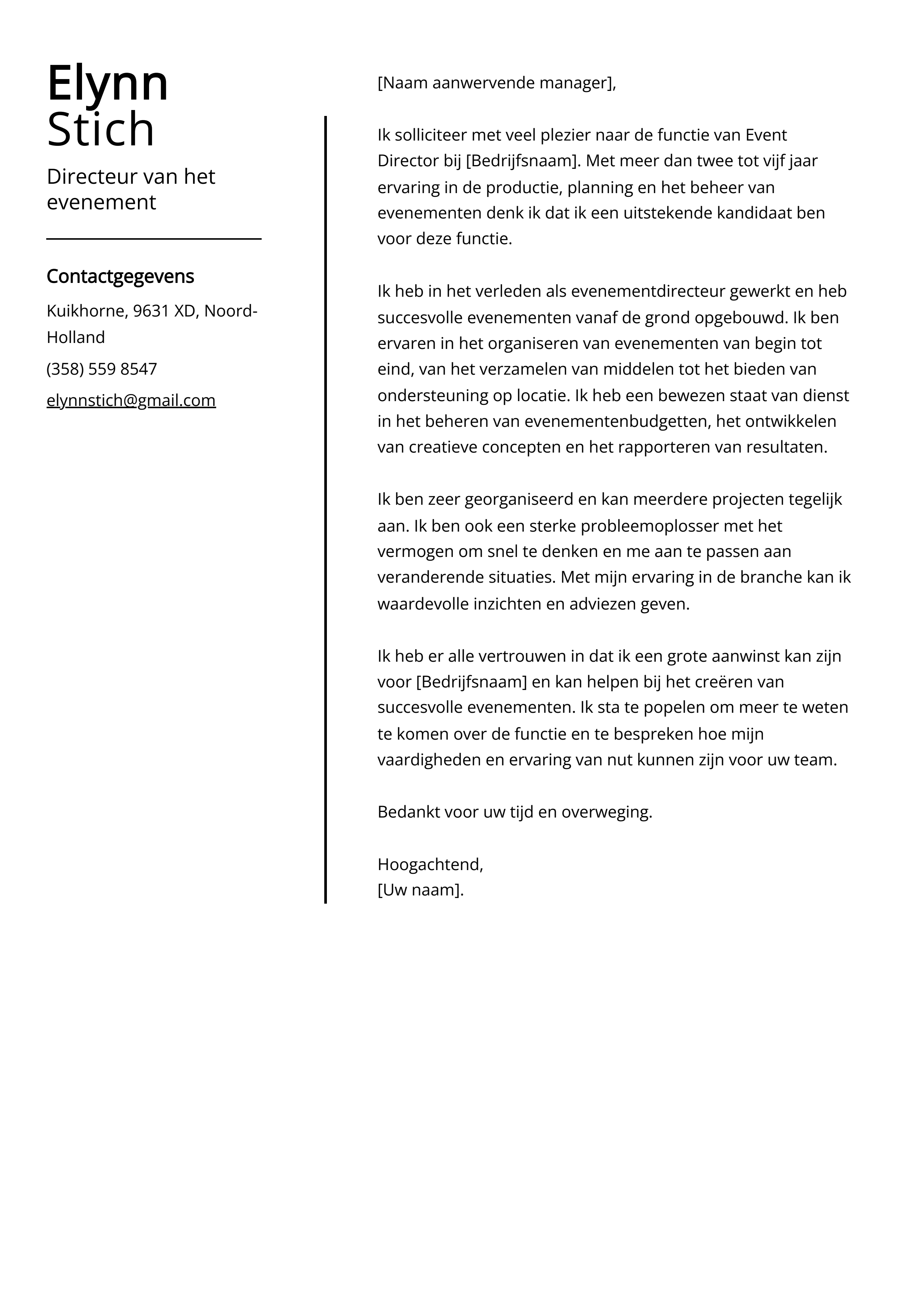 Voorbeeld sollicitatiebrief Directeur van het evenement