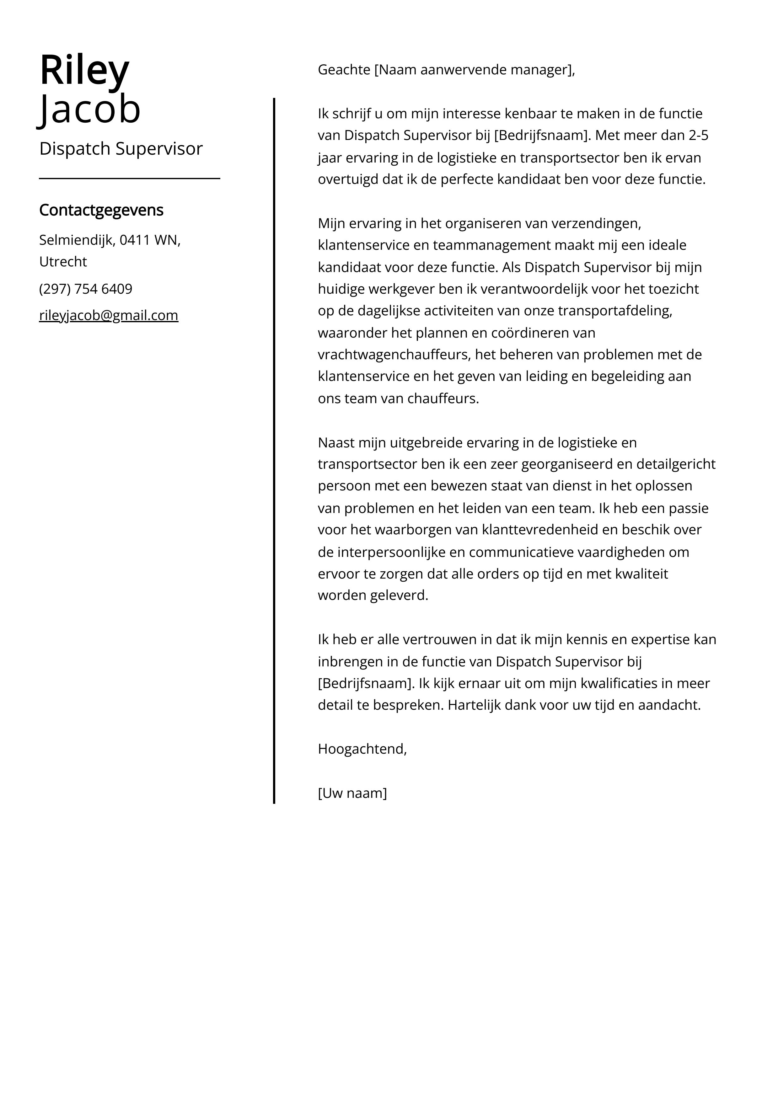 Dispatch Supervisor Voorbeeld sollicitatiebrief