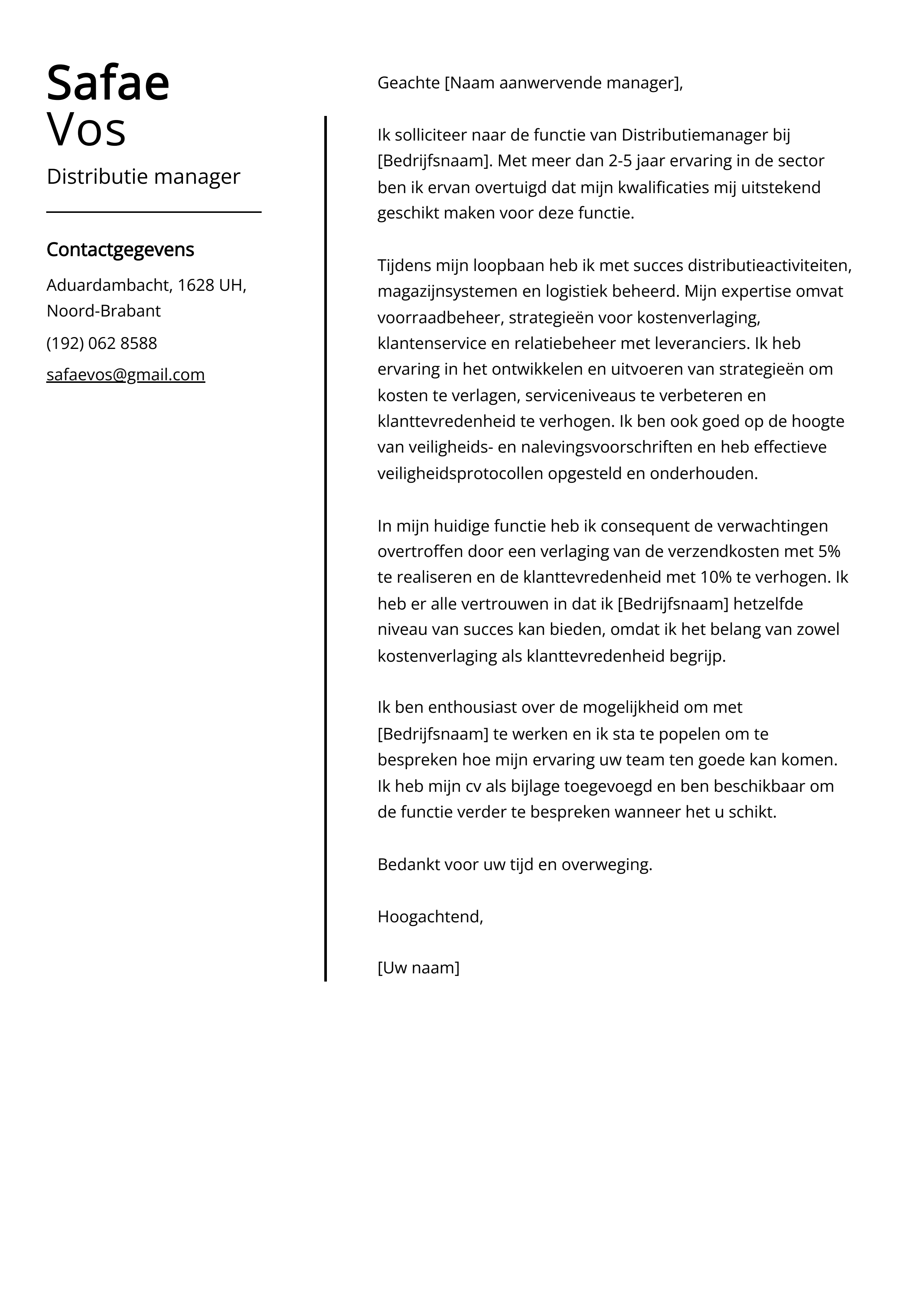 Distributie manager Sollicitatiebrief Voorbeeld