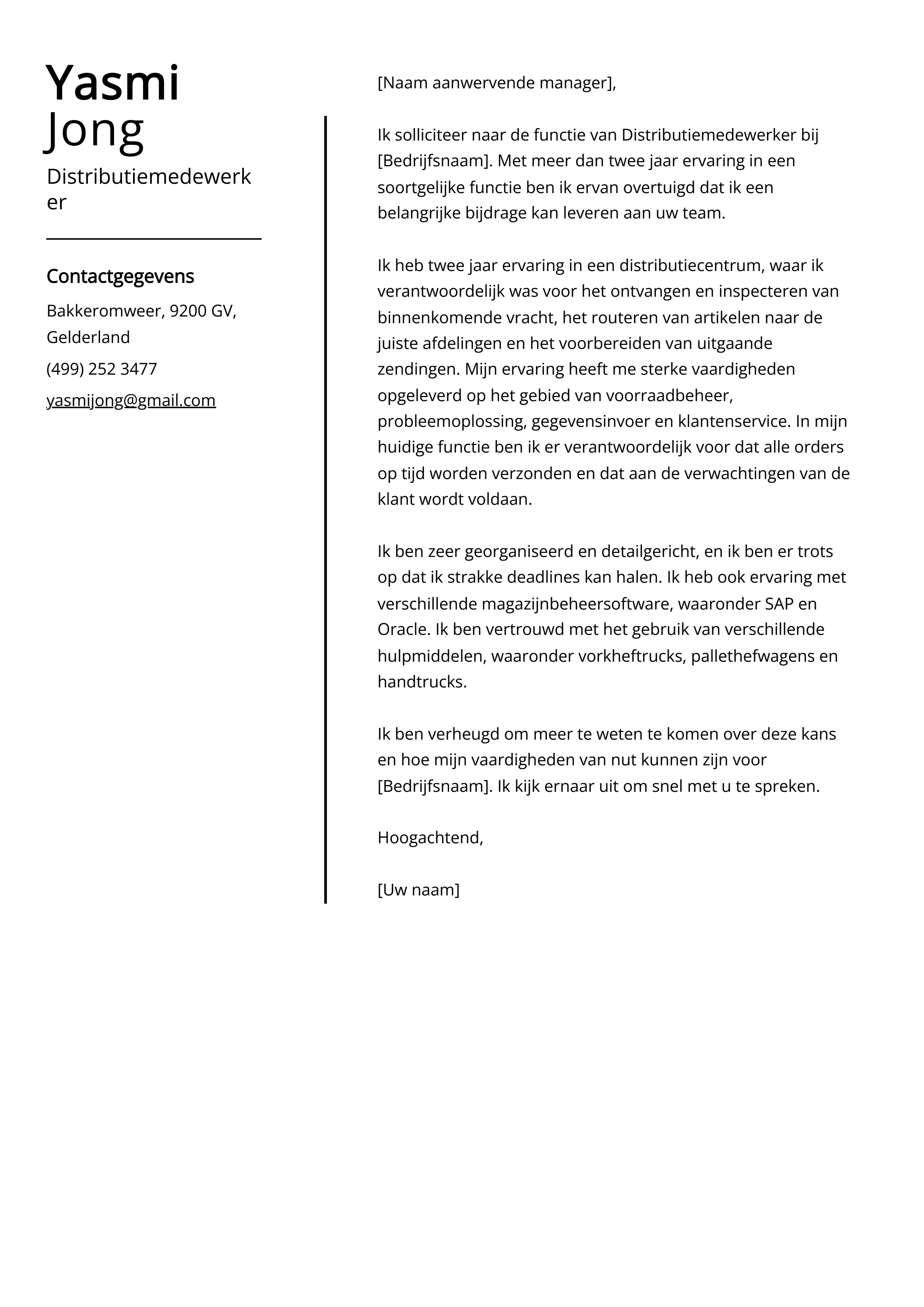 Distributiemedewerker Cover Letter Voorbeeld