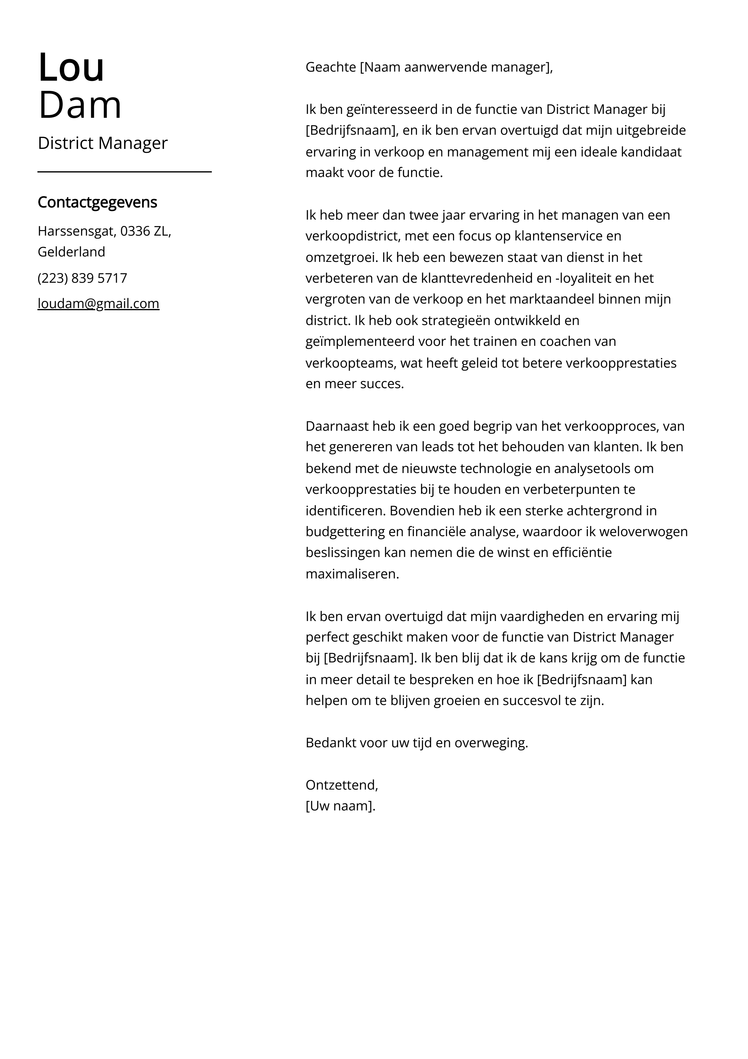 District Manager Voorbeeld sollicitatiebrief