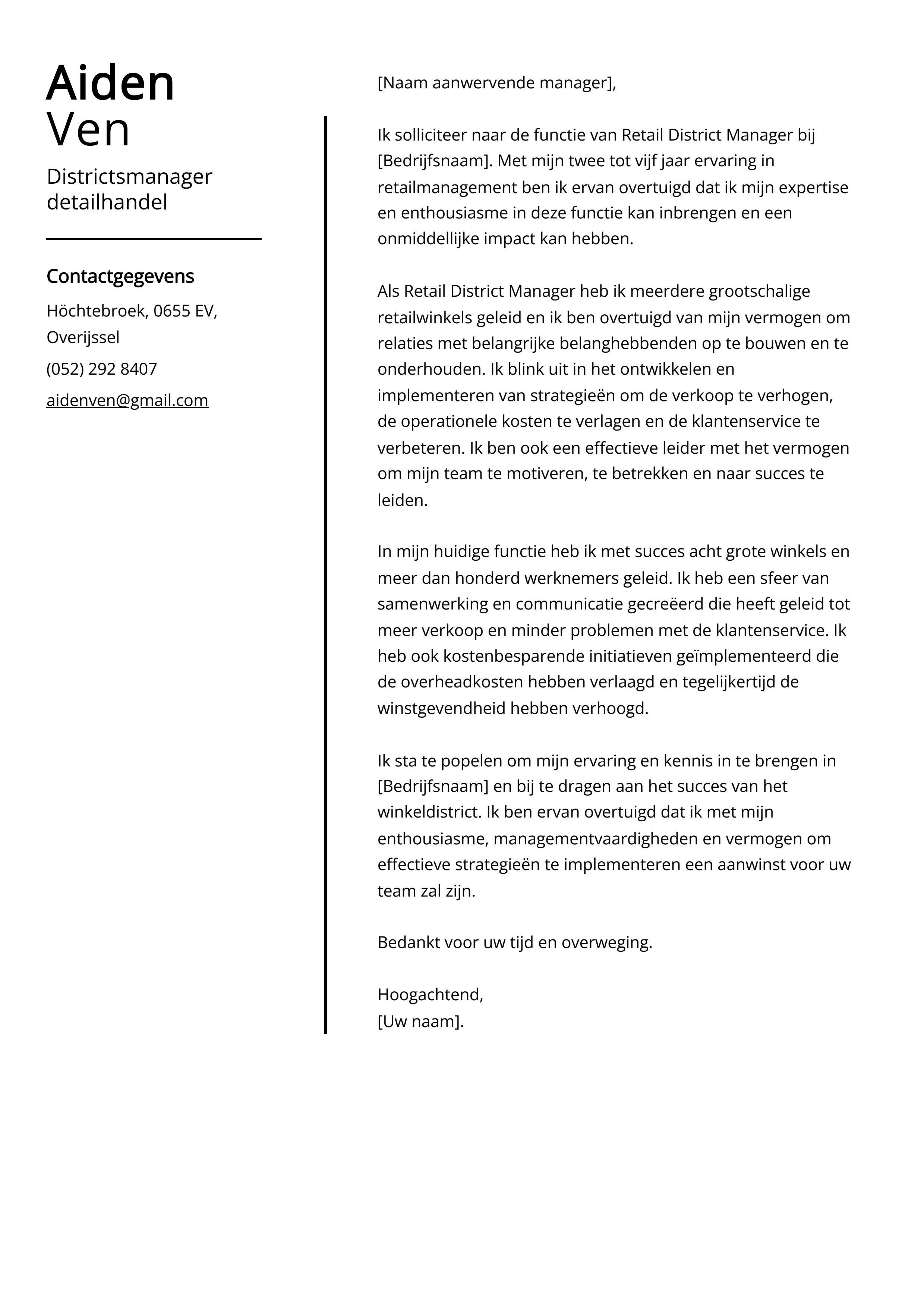 Districtsmanager detailhandel Cover Letter Voorbeeld