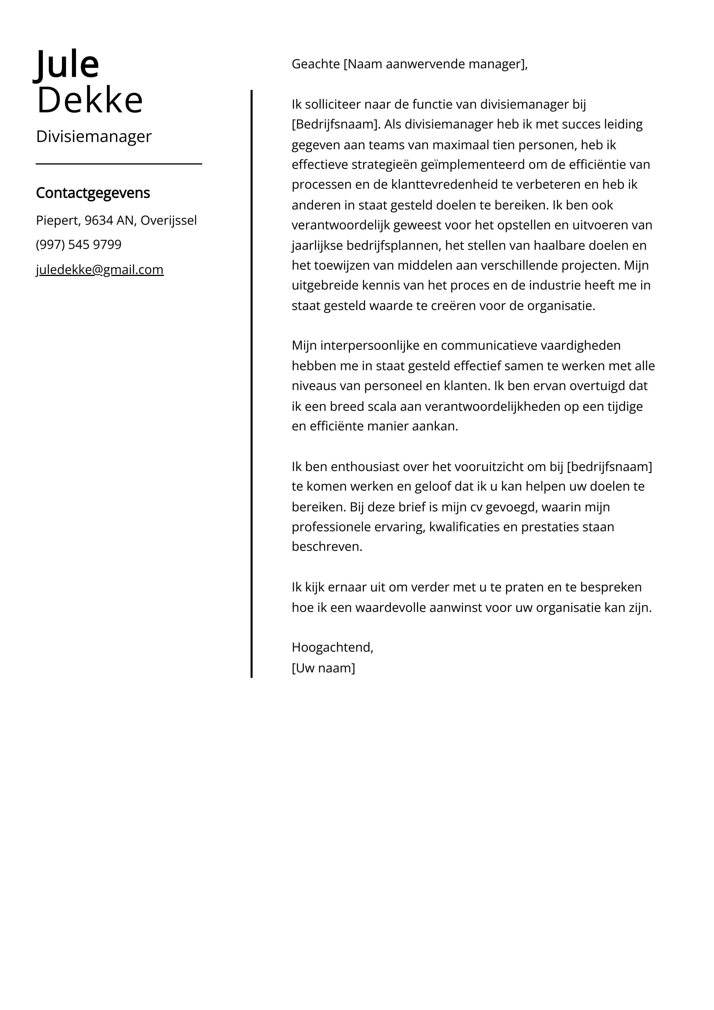 Divisiemanager Sollicitatiebrief Voorbeeld