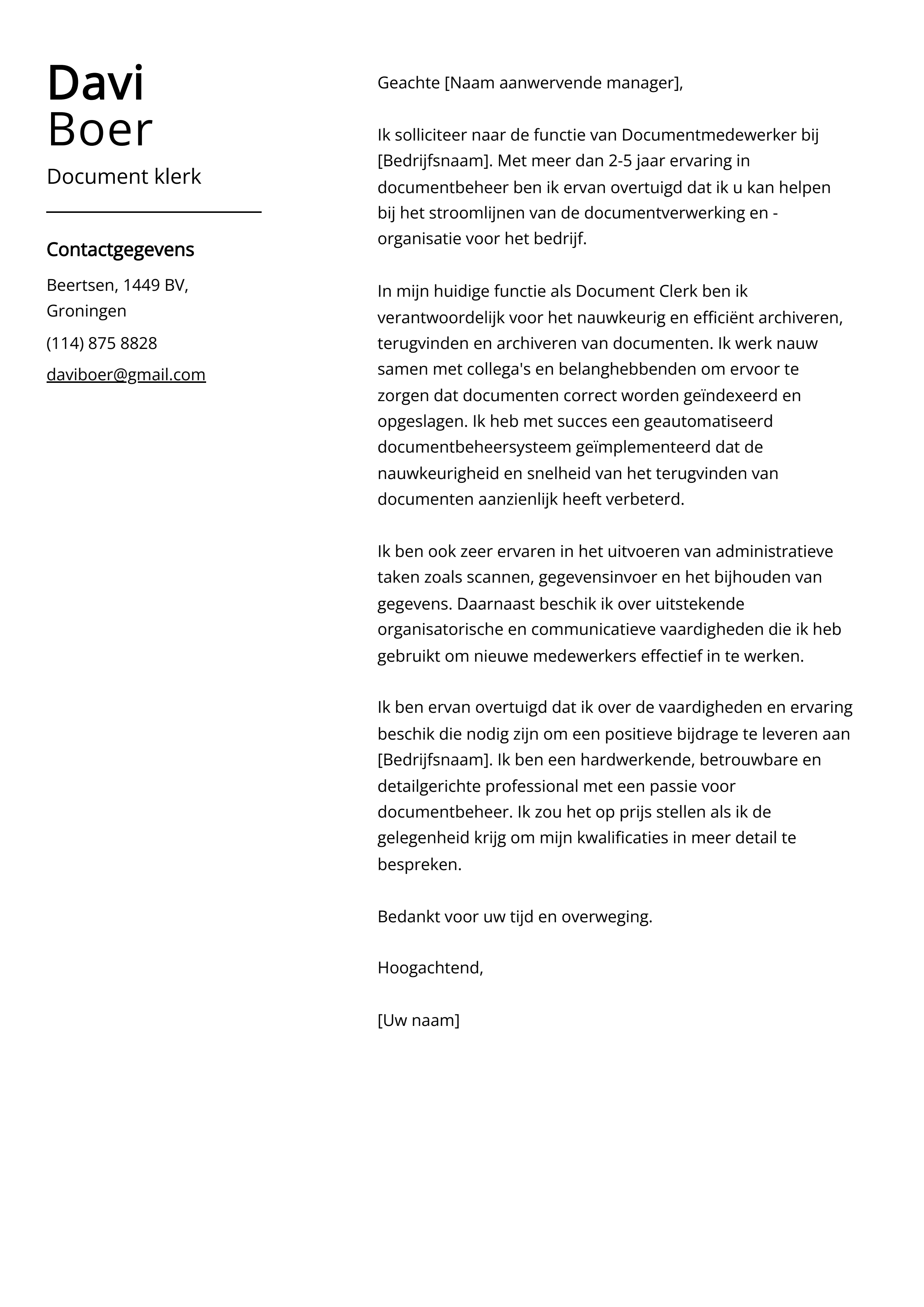 Document klerk Begeleidend schrijven Voorbeeld