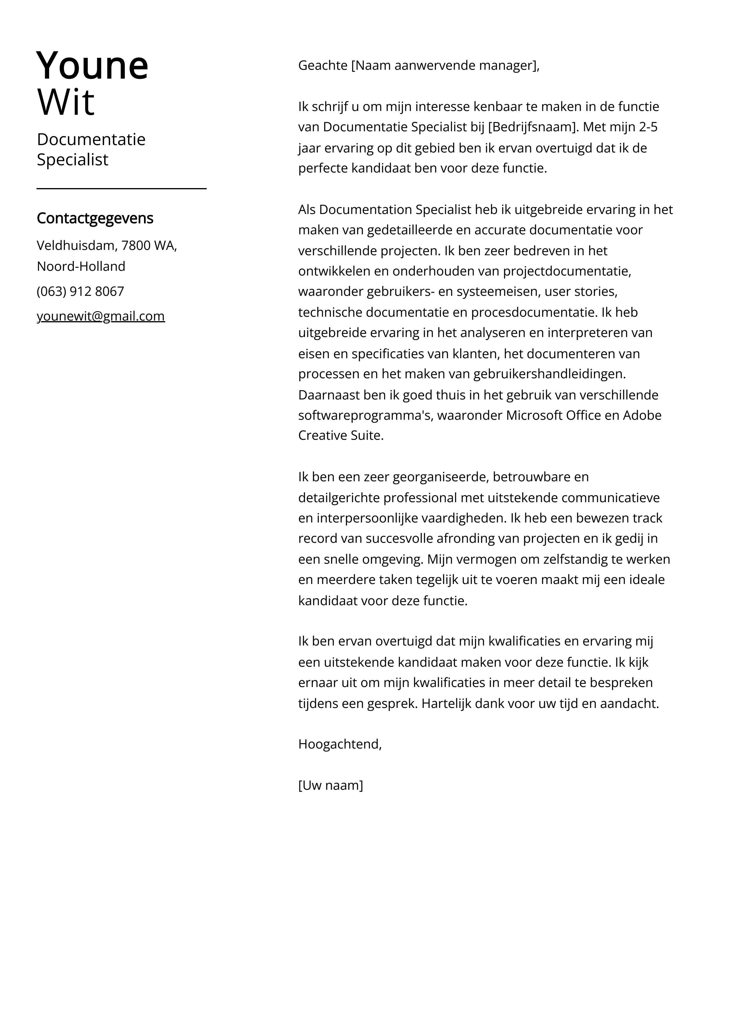 Documentatie Specialist Cover Letter Voorbeeld