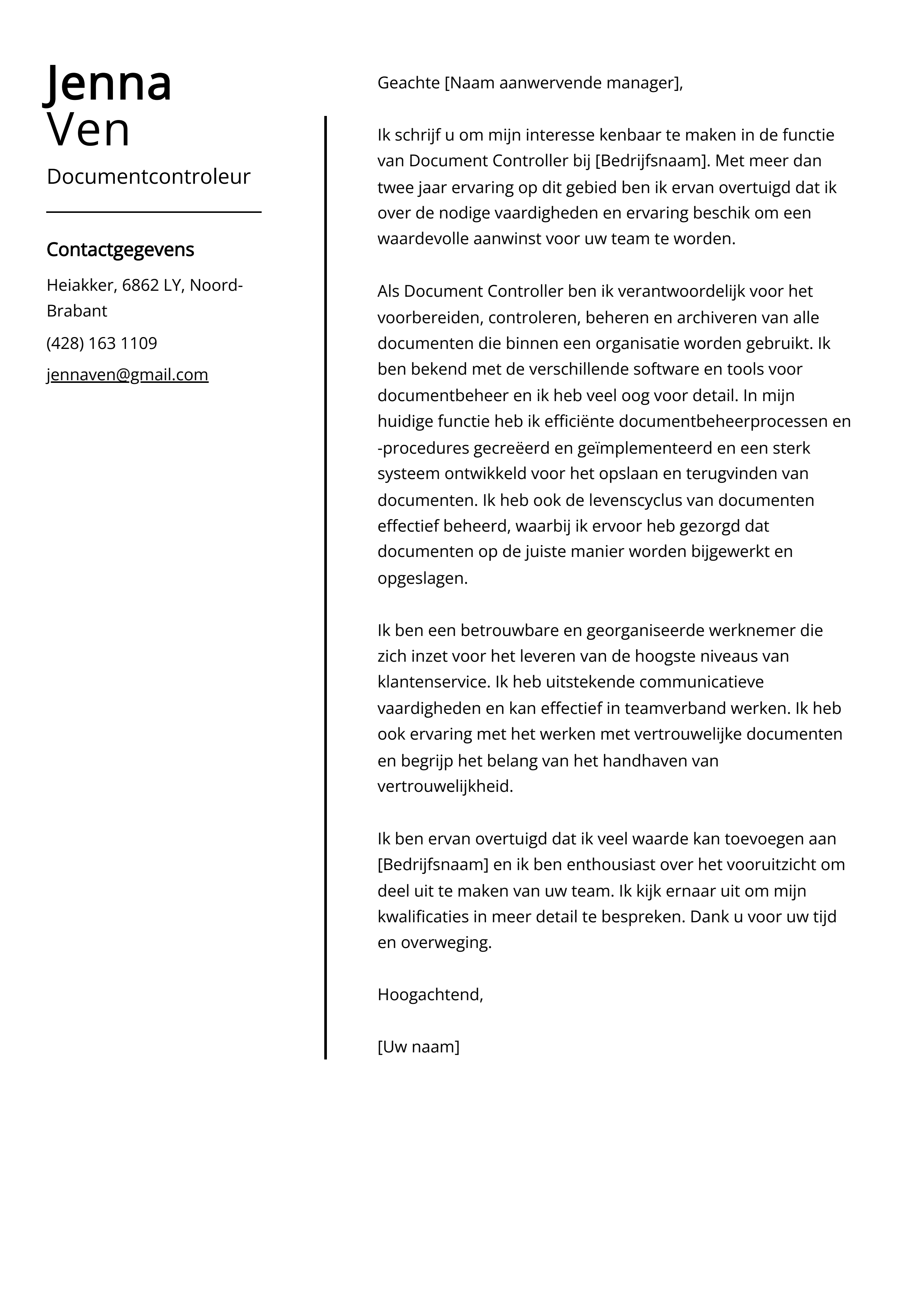 Documentcontroleur Cover Letter Voorbeeld