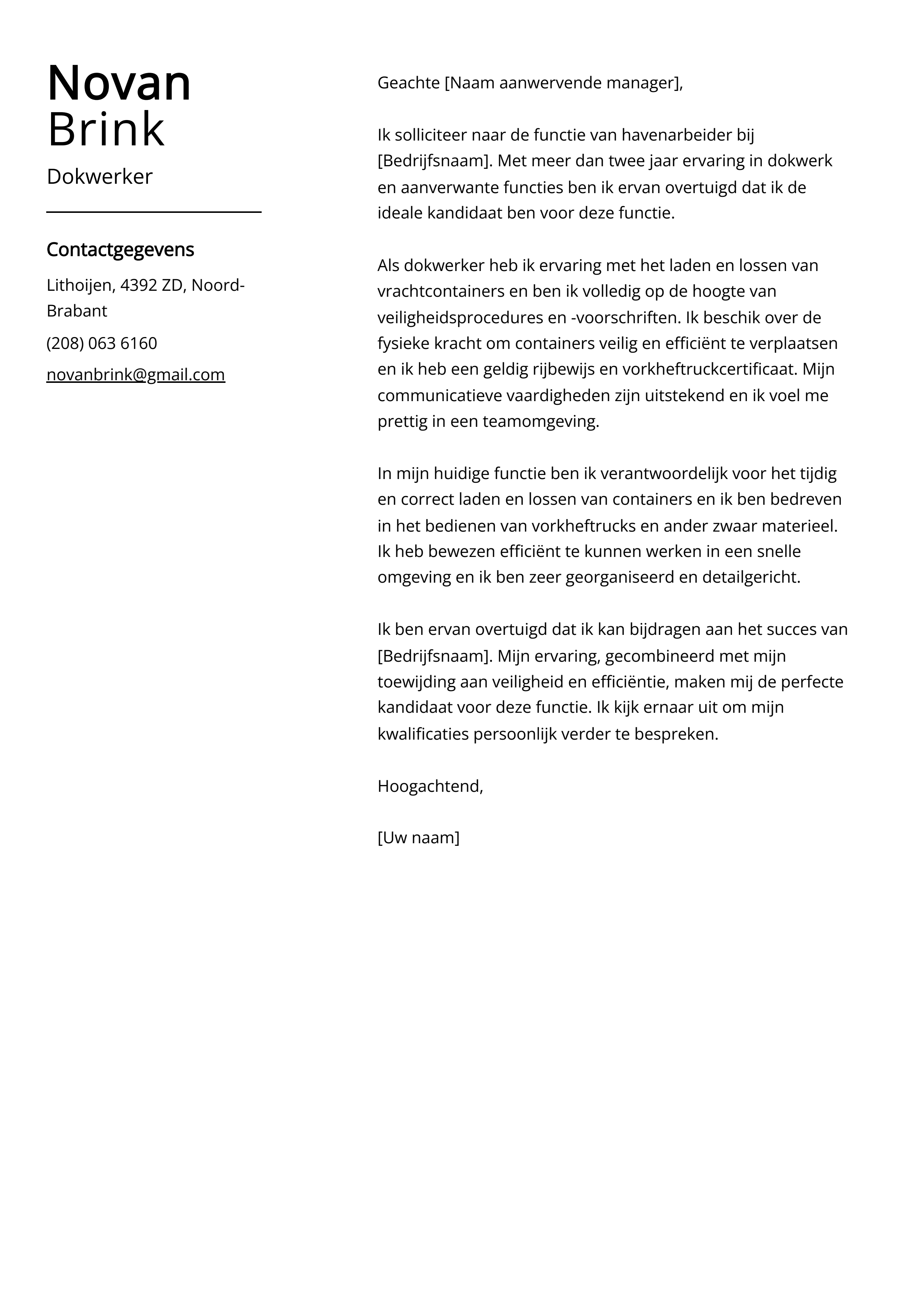 Dokwerker sollicitatiebrief voorbeeld