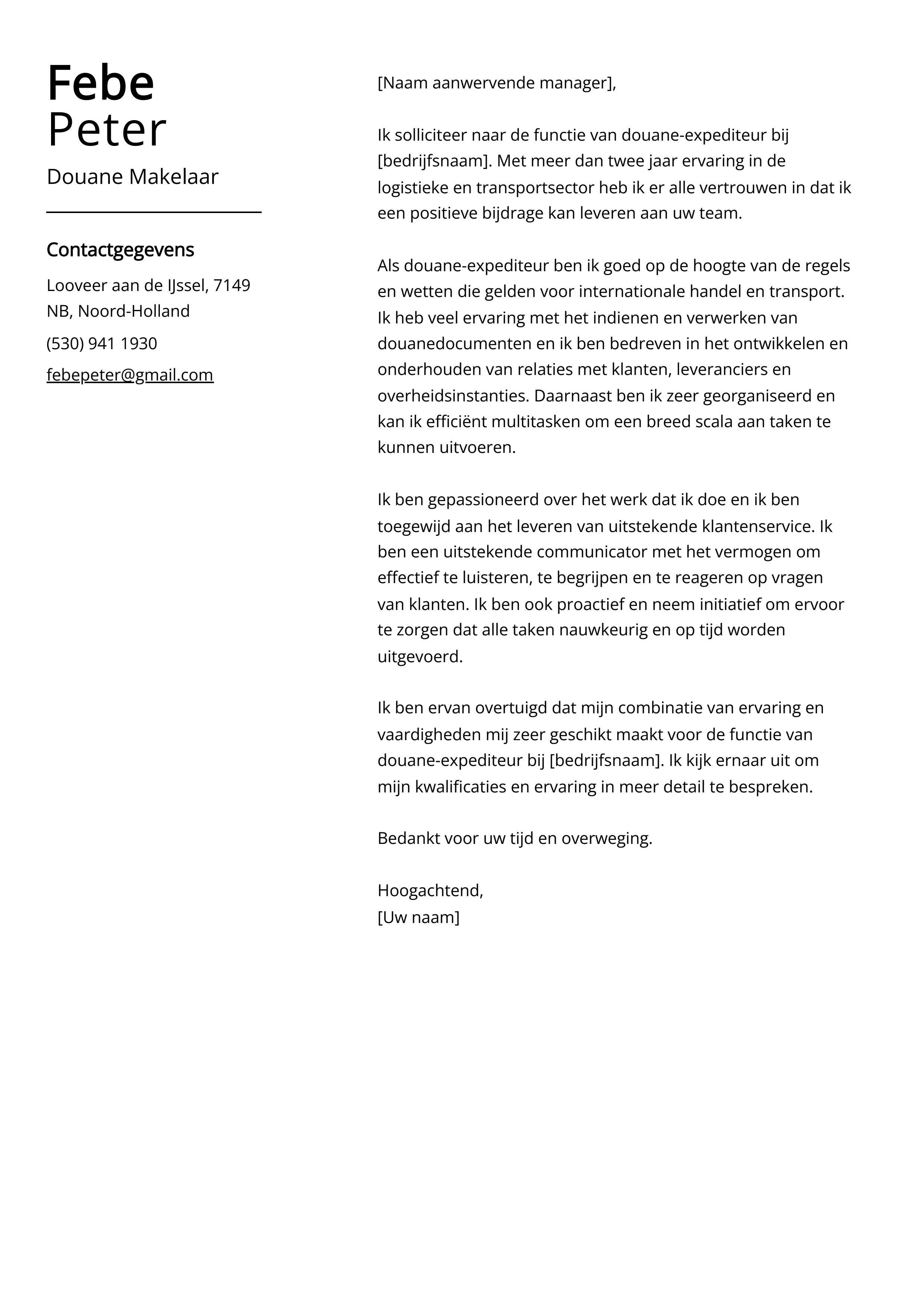 Douane Makelaar Voorbeeld sollicitatiebrief