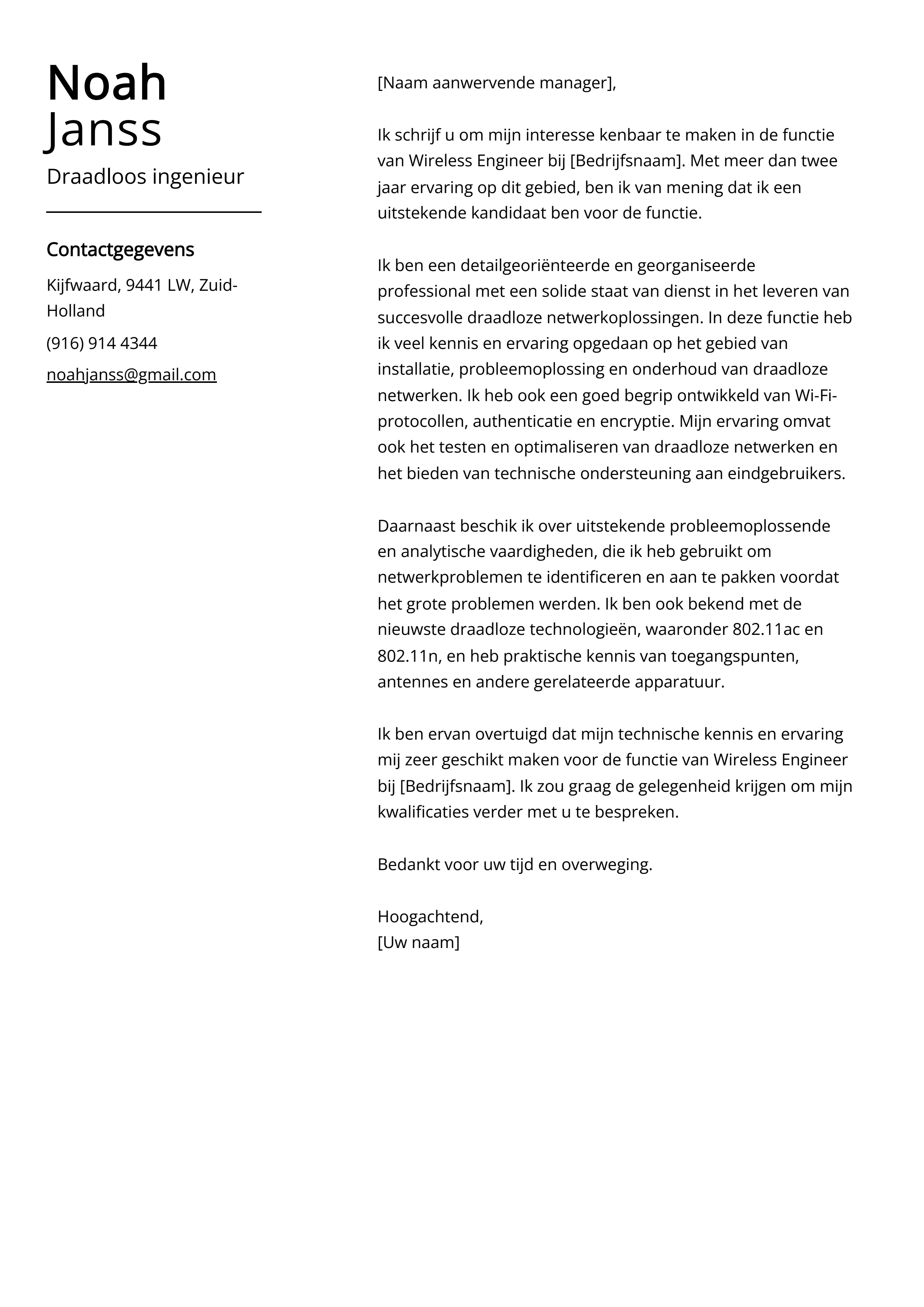 Draadloos ingenieur Sollicitatiebrief Voorbeeld