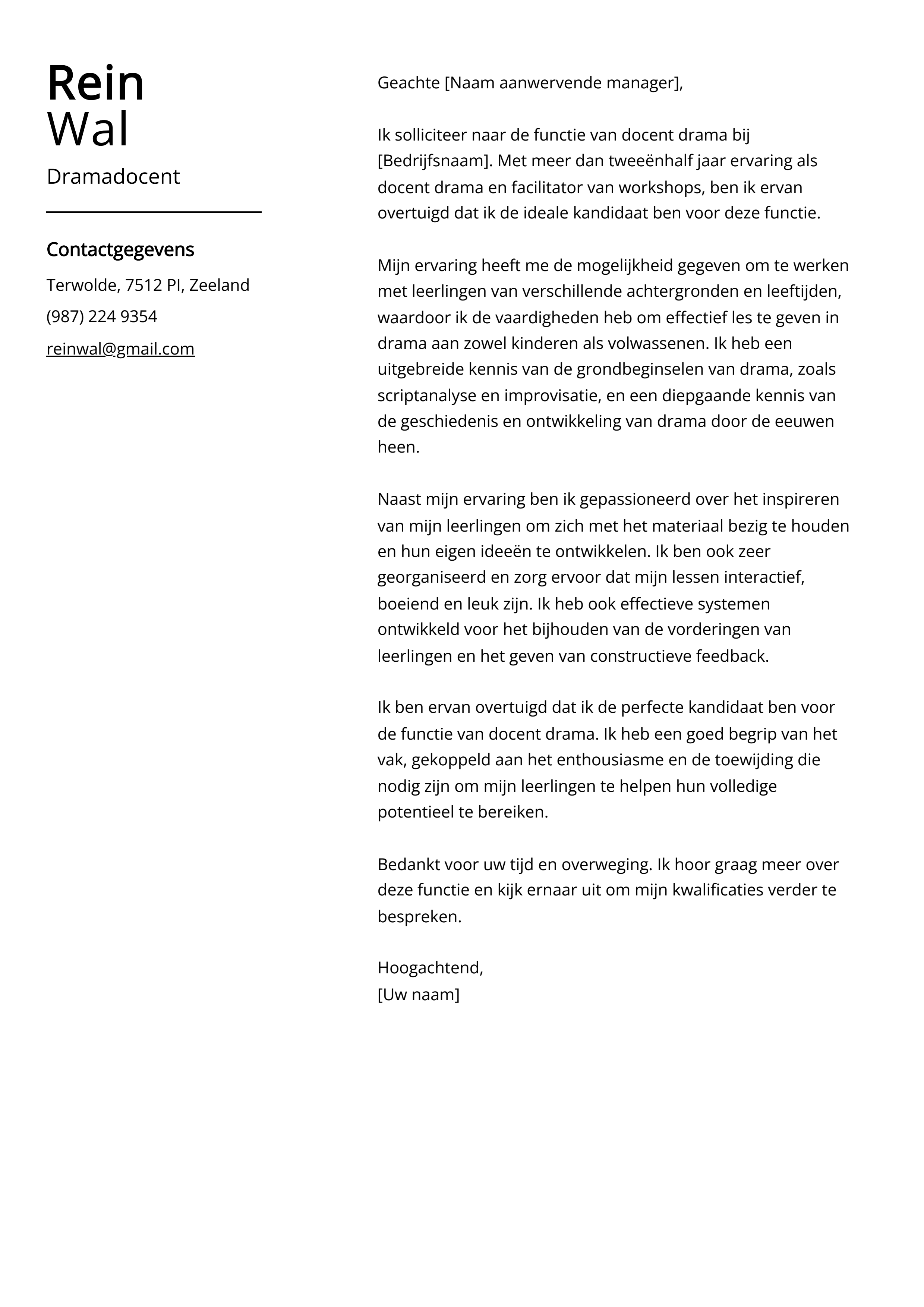Dramadocent Cover Letter Voorbeeld