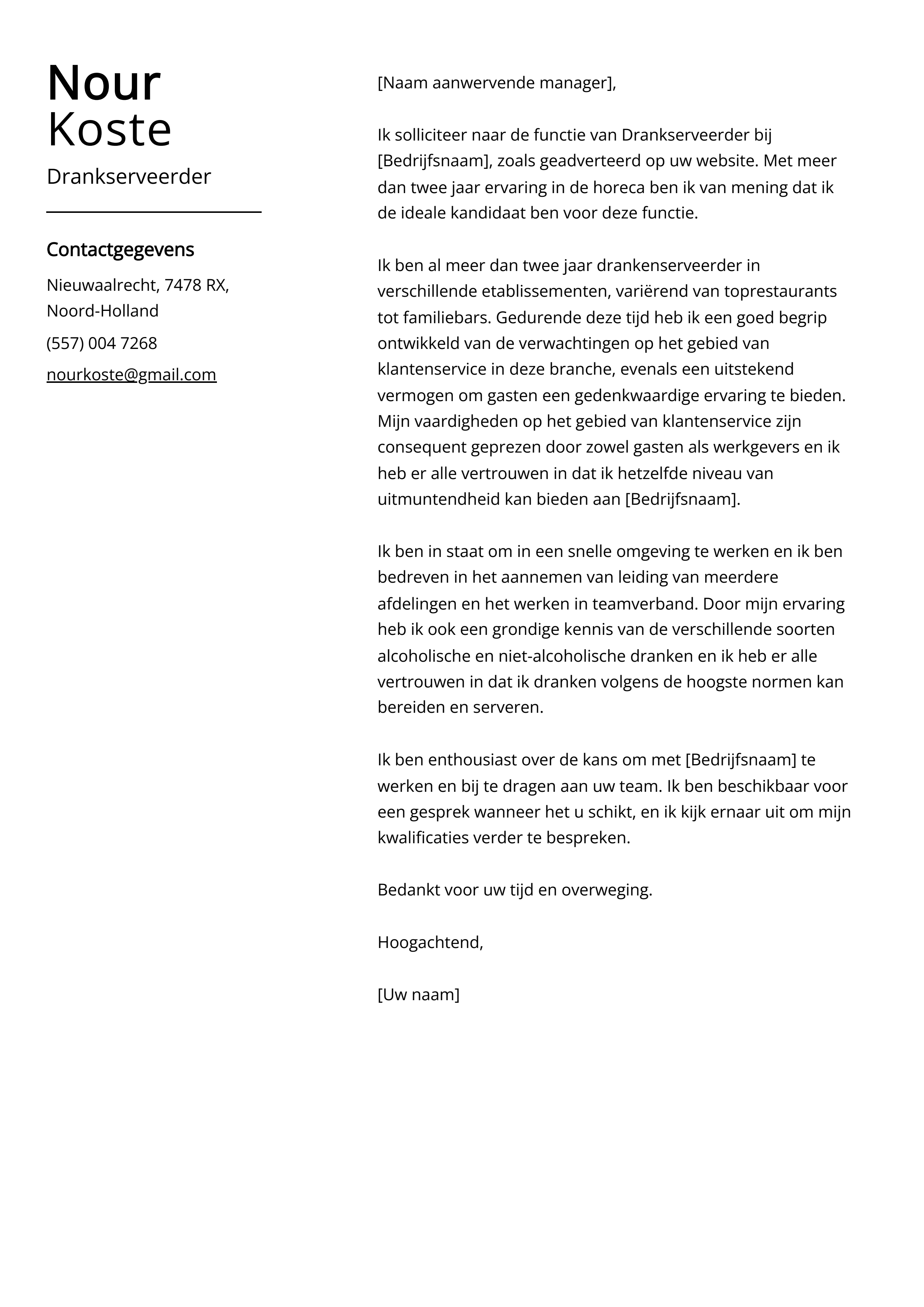 Drankserveerder Sollicitatiebrief Voorbeeld