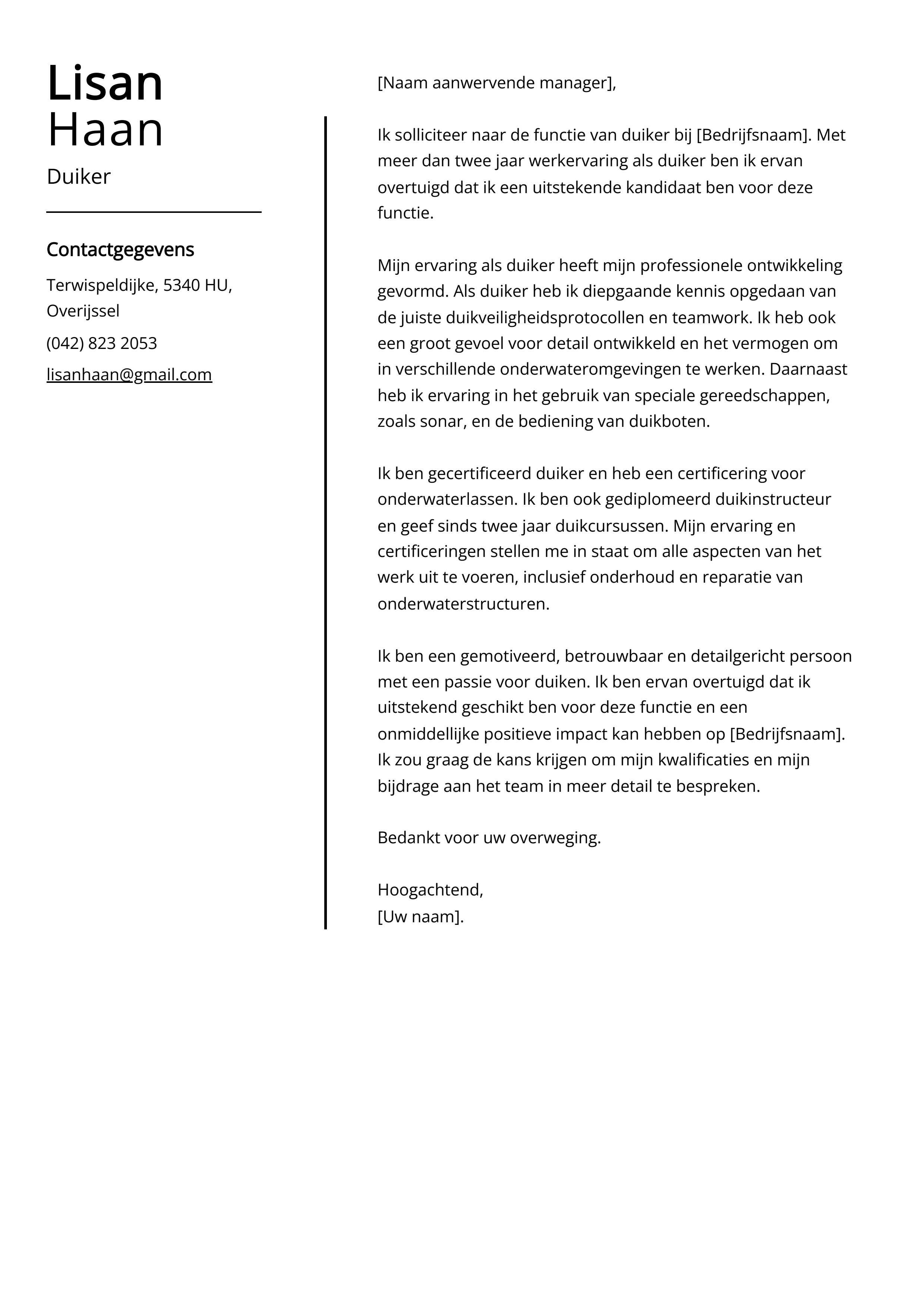 Duiker sollicitatiebrief voorbeeld