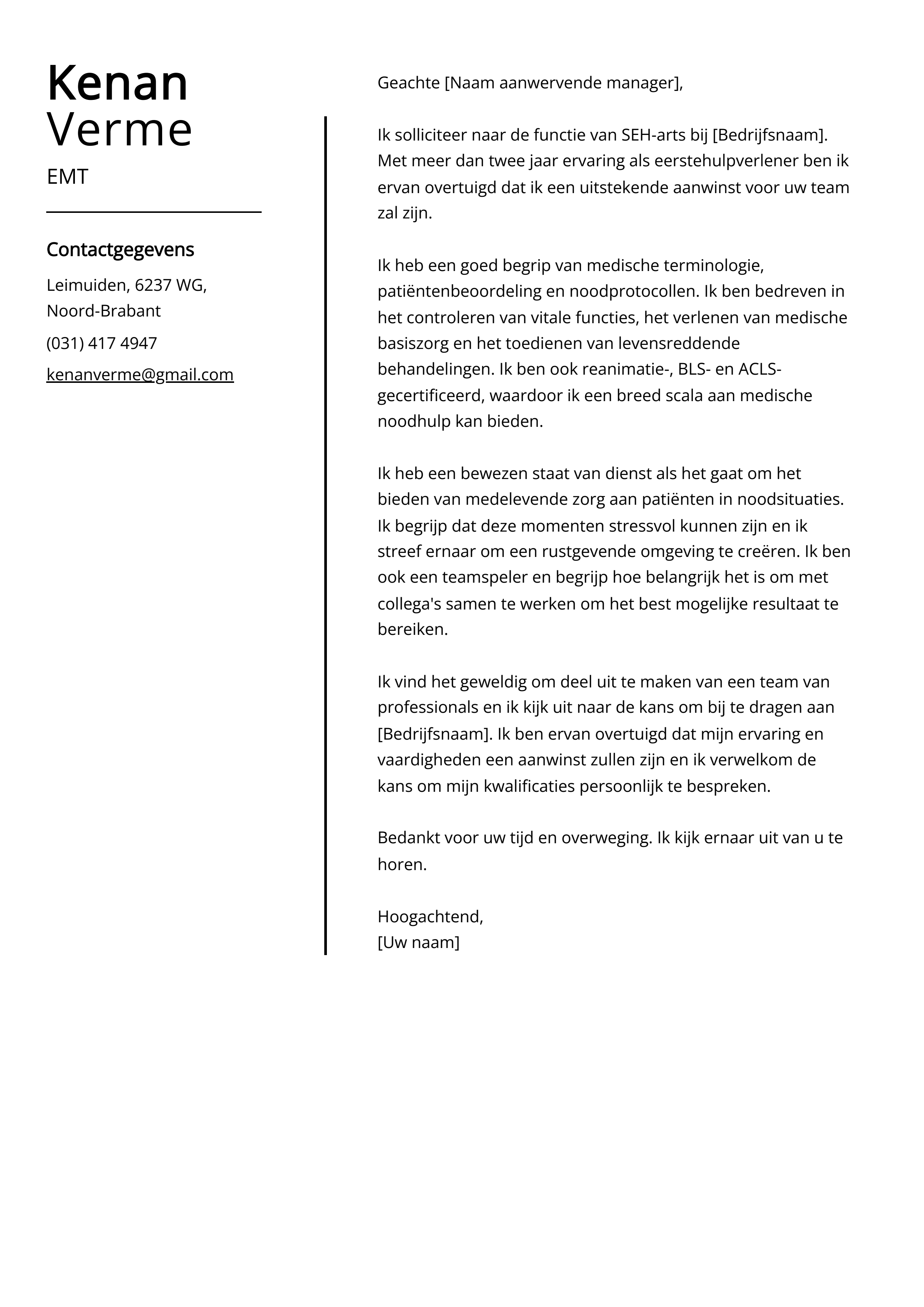 EMT Voorbeeld sollicitatiebrief