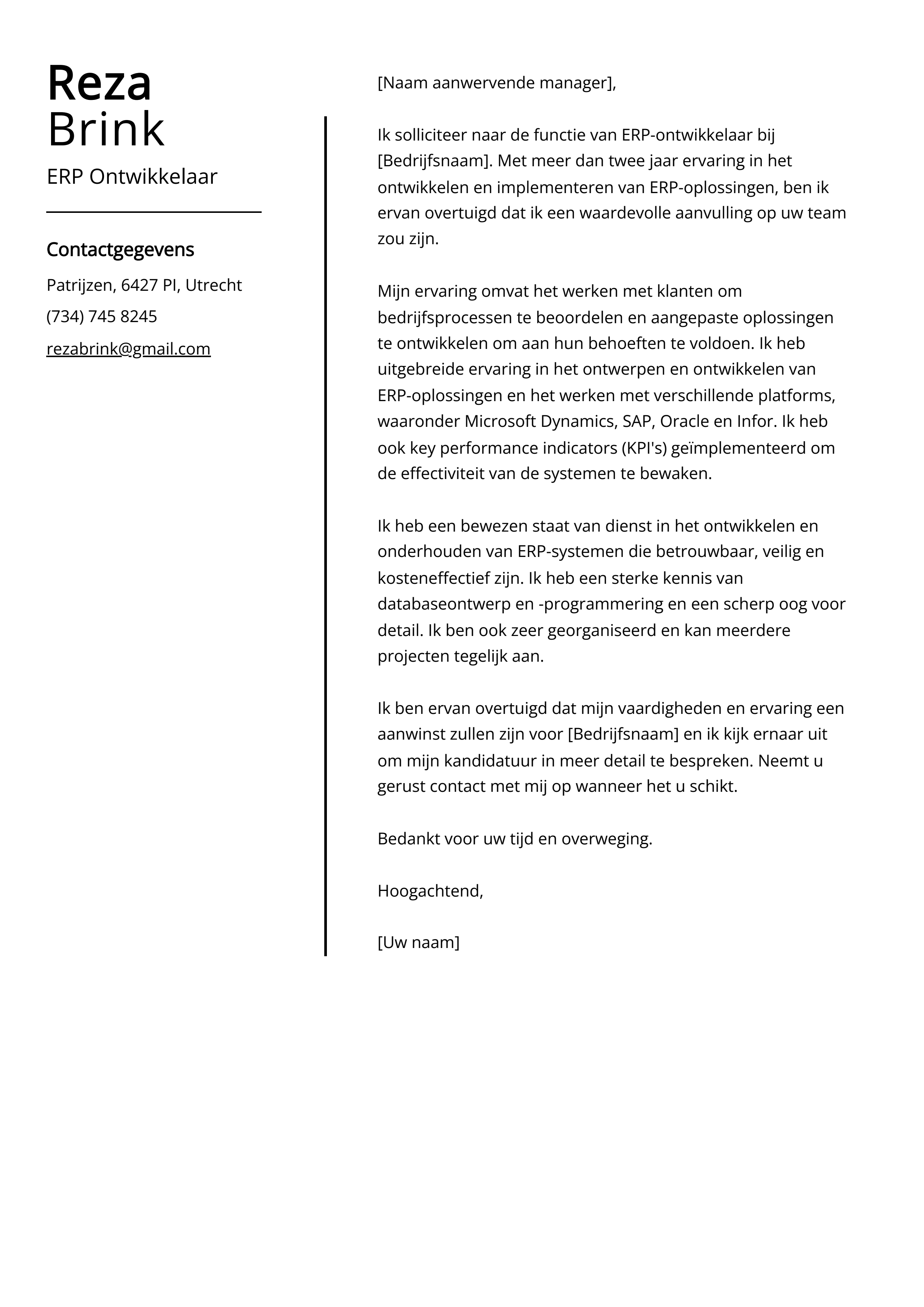 ERP Ontwikkelaar Sollicitatiebrief Voorbeeld