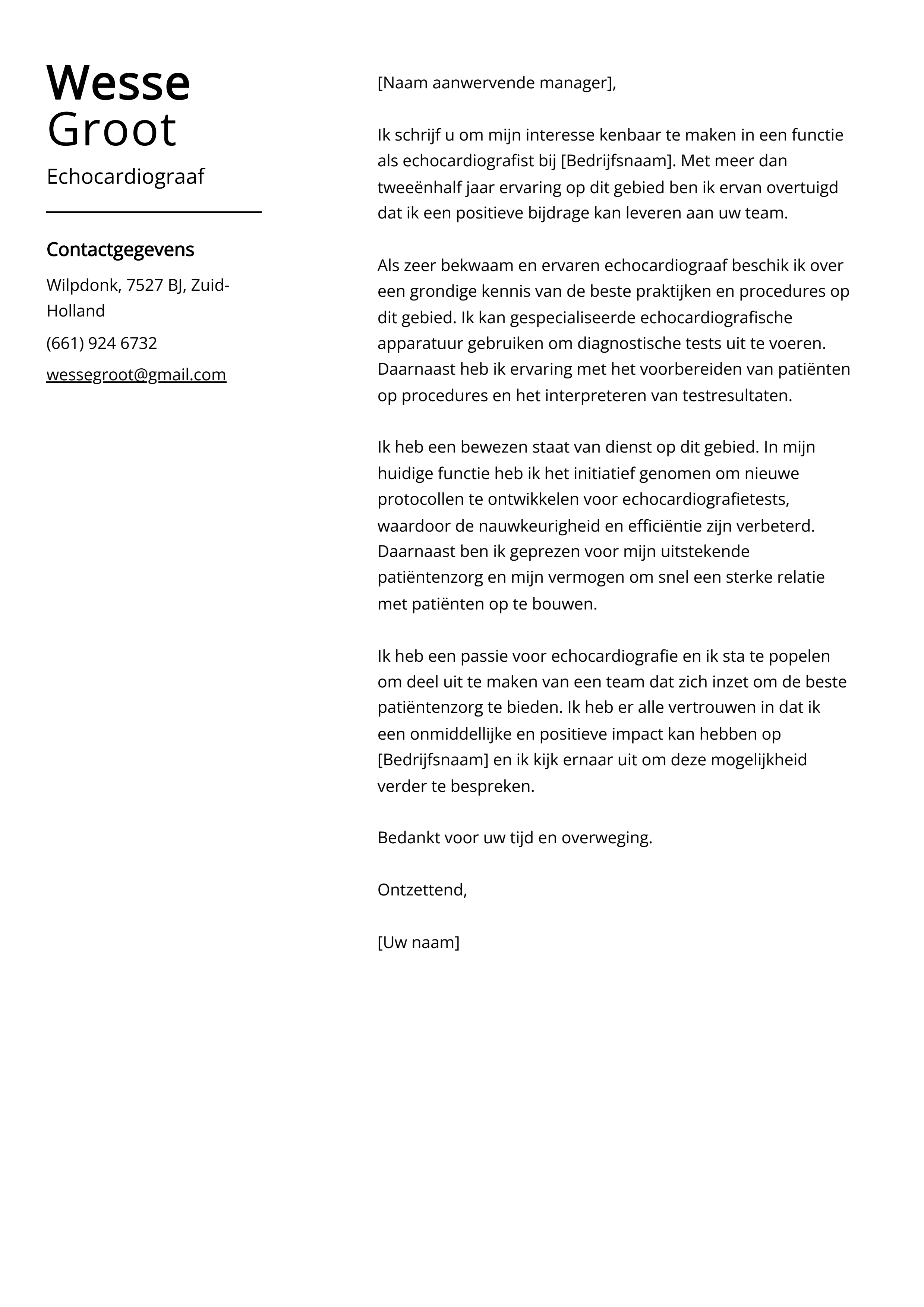 Echocardiograaf sollicitatiebrief voorbeeld