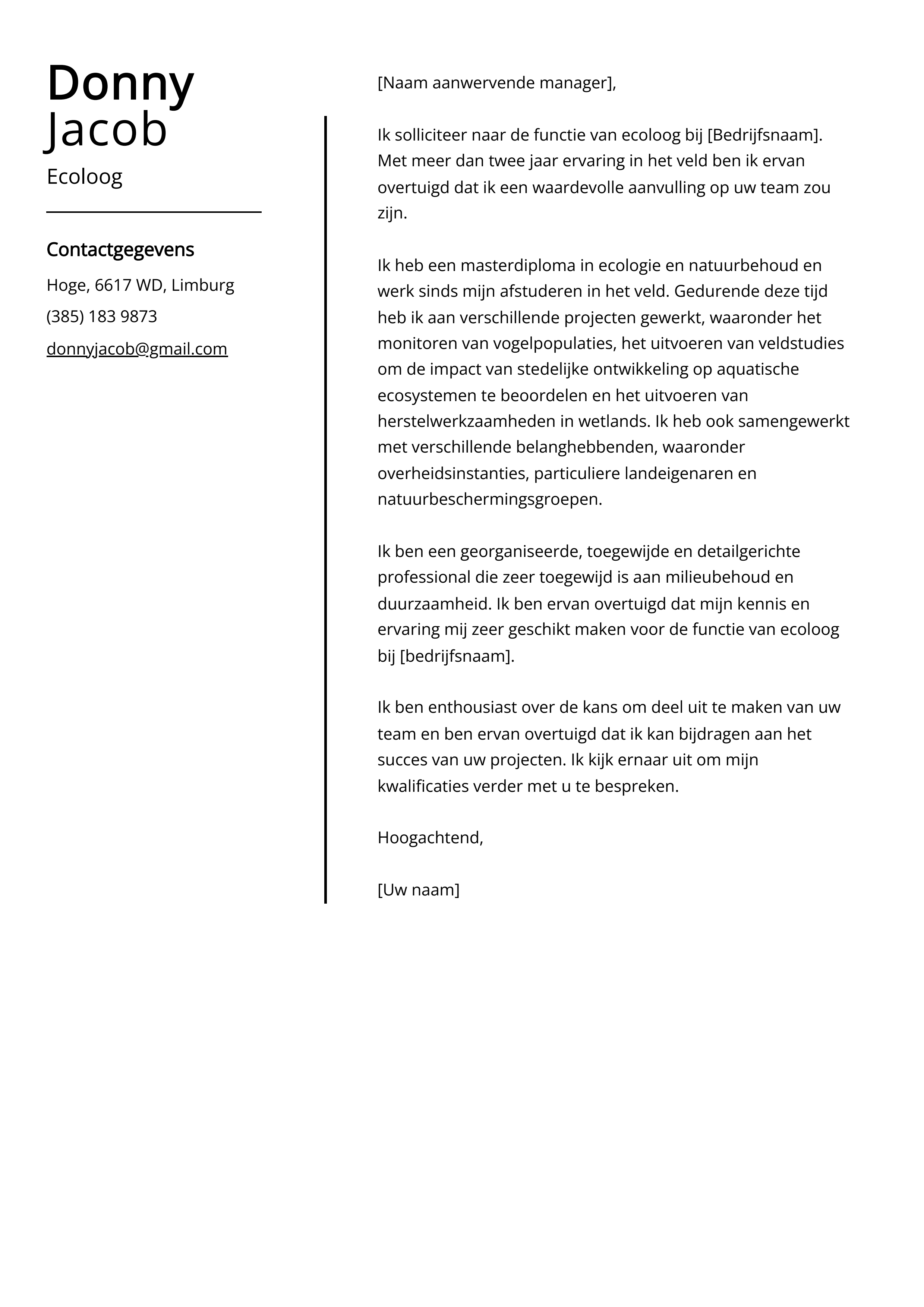 Ecoloog sollicitatiebrief voorbeeld