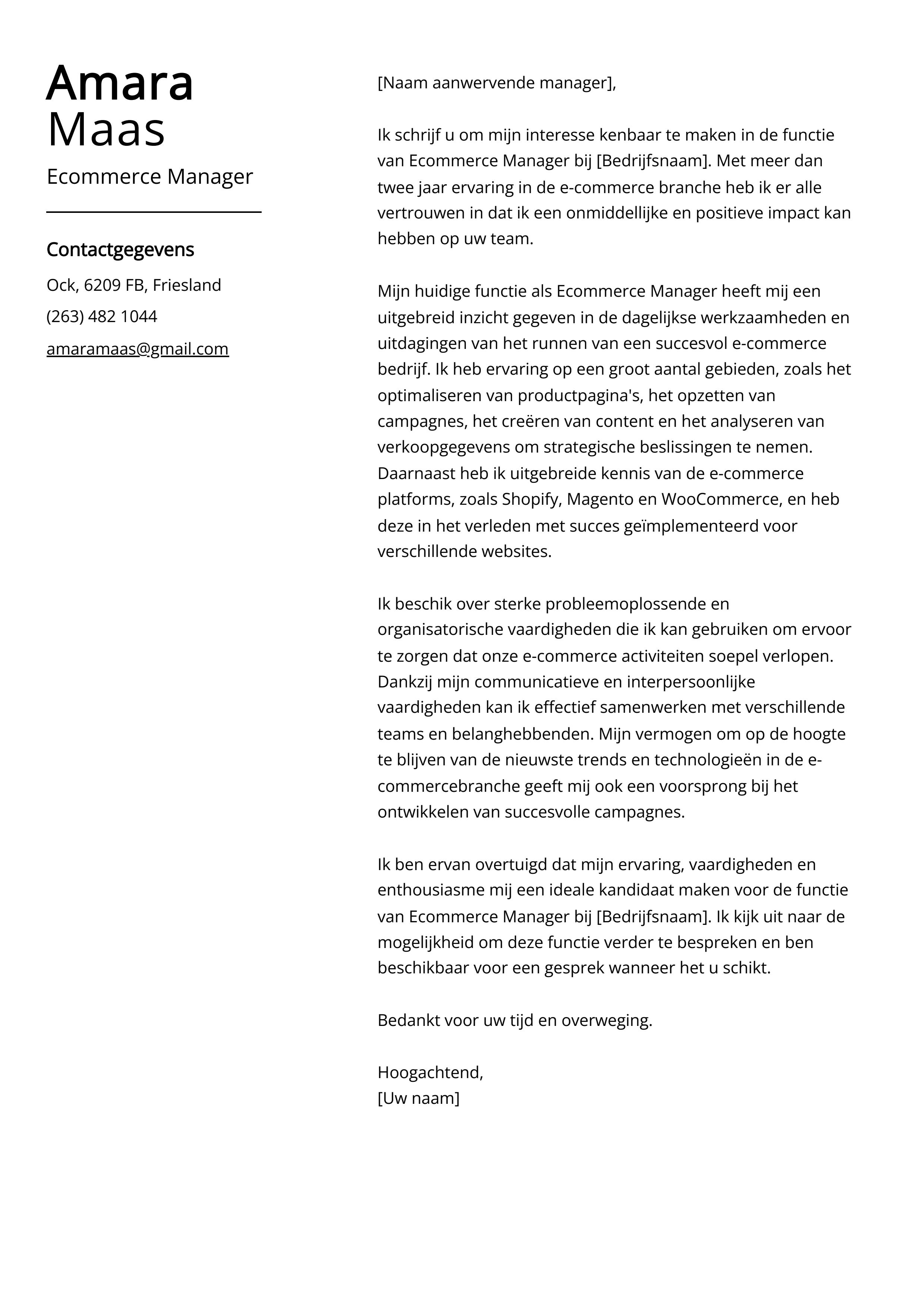 Ecommerce Manager Voorbeeld sollicitatiebrief