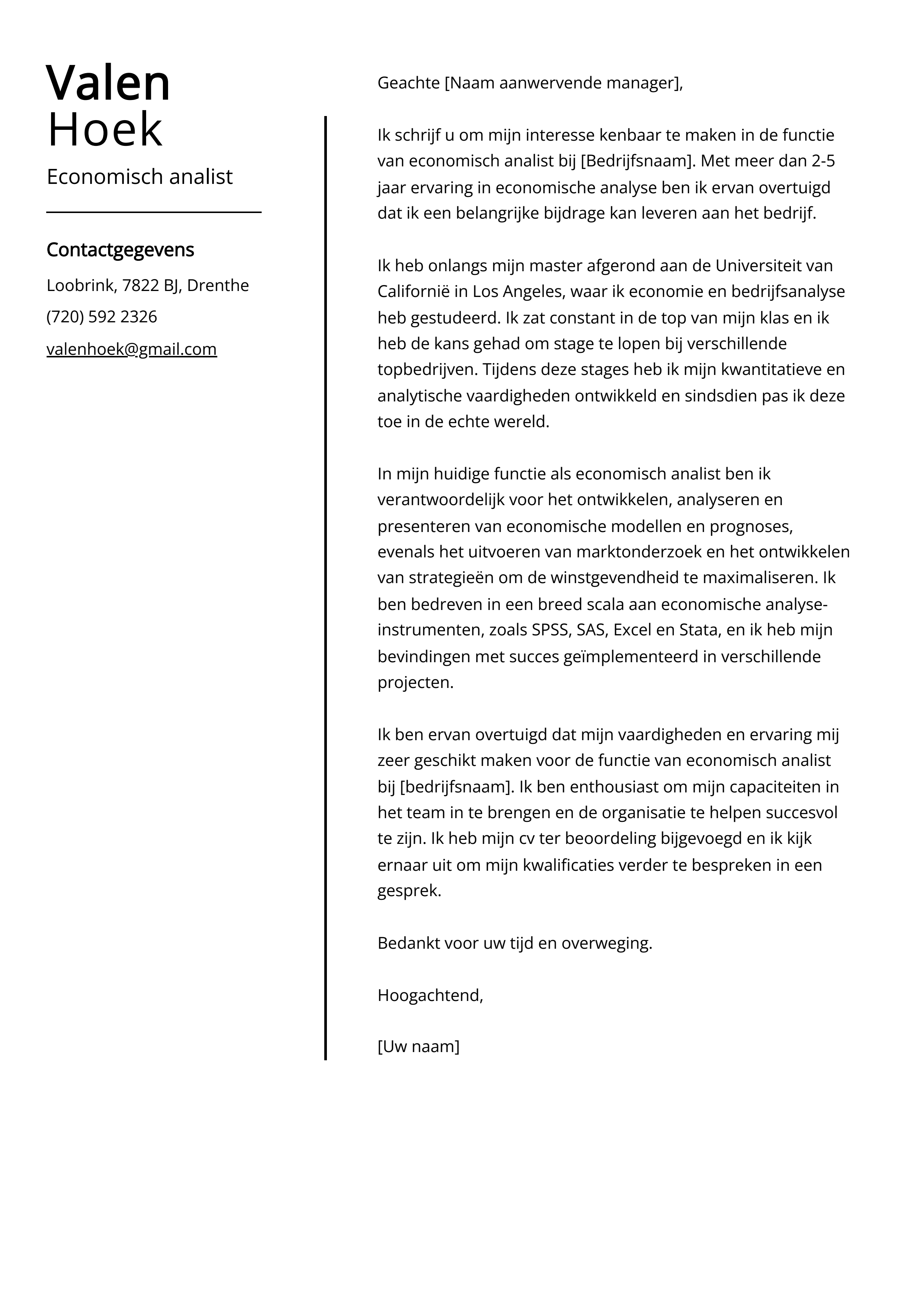 Economisch analist Cover Letter Voorbeeld