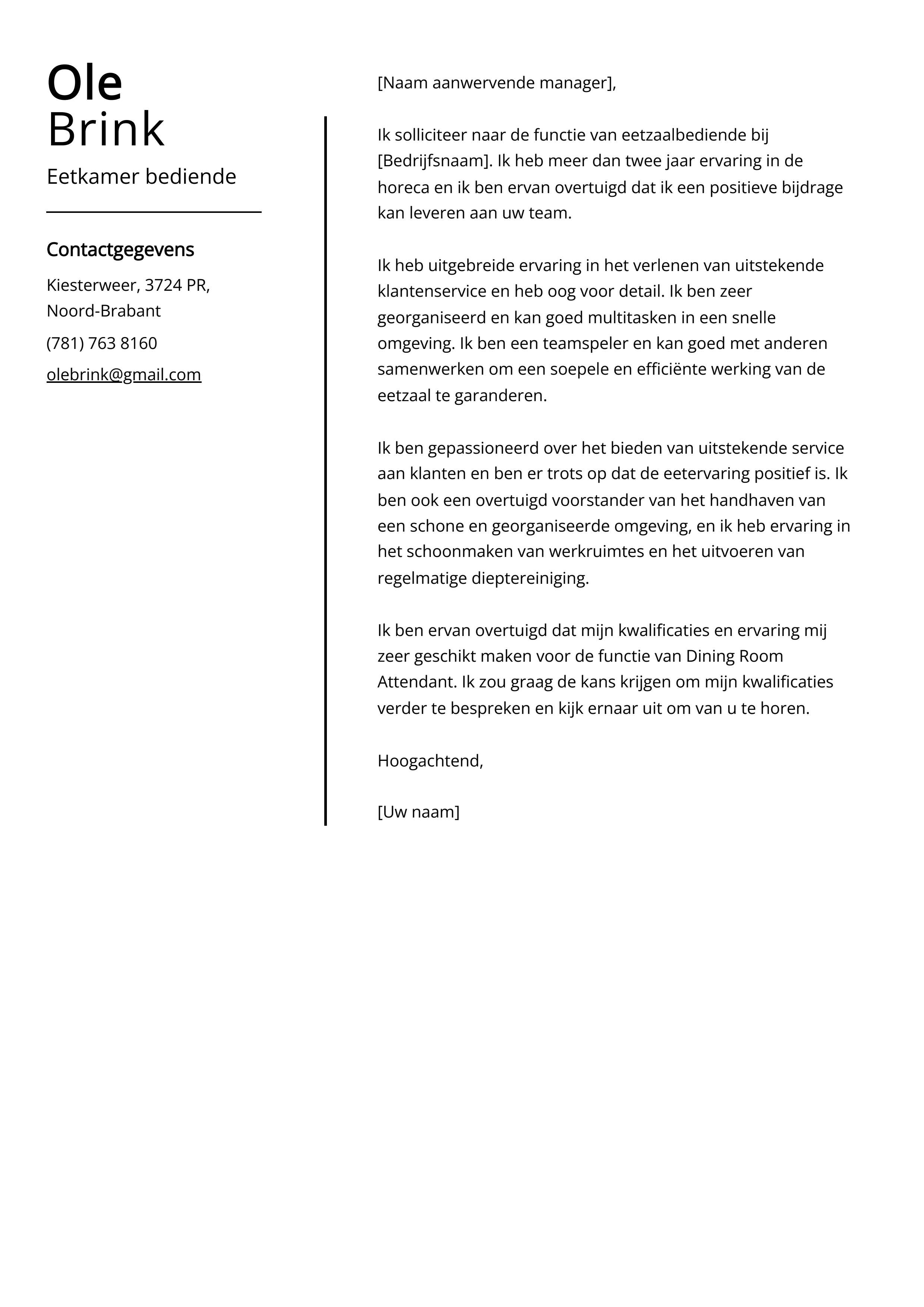 Eetkamer bediende Cover Letter Voorbeeld