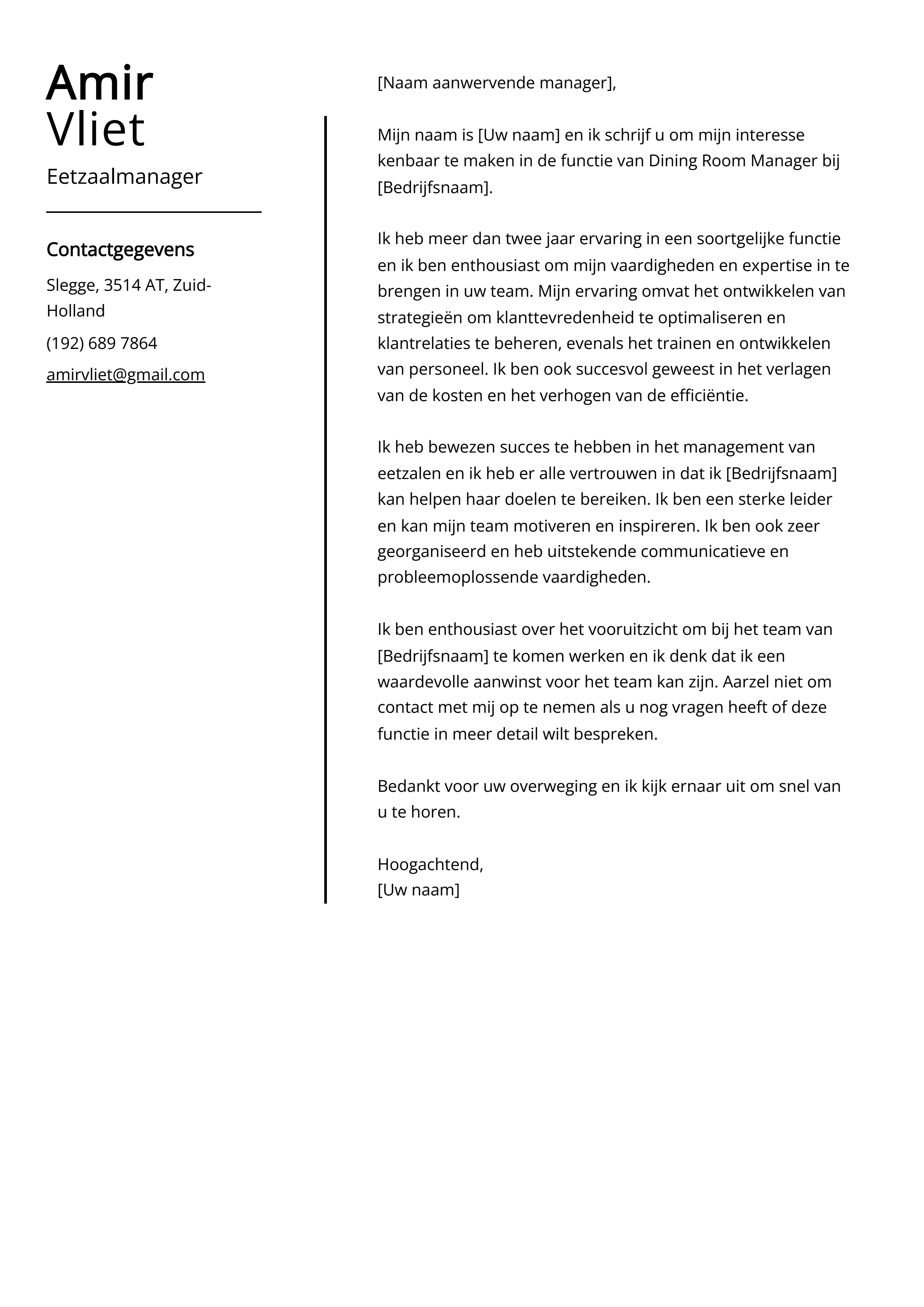 Eetzaalmanager Sollicitatiebrief Voorbeeld