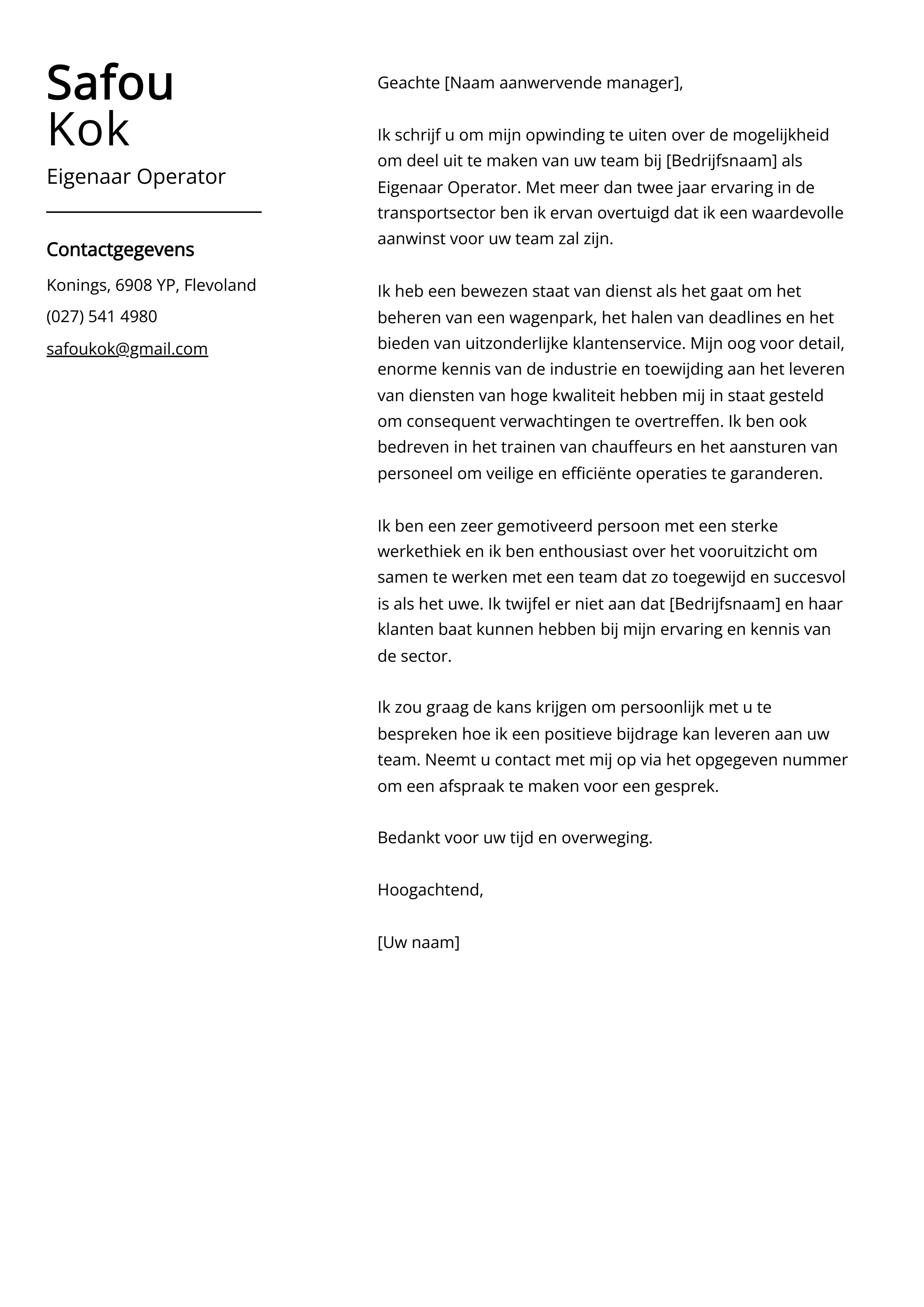 Eigenaar Operator Sollicitatiebrief Voorbeeld