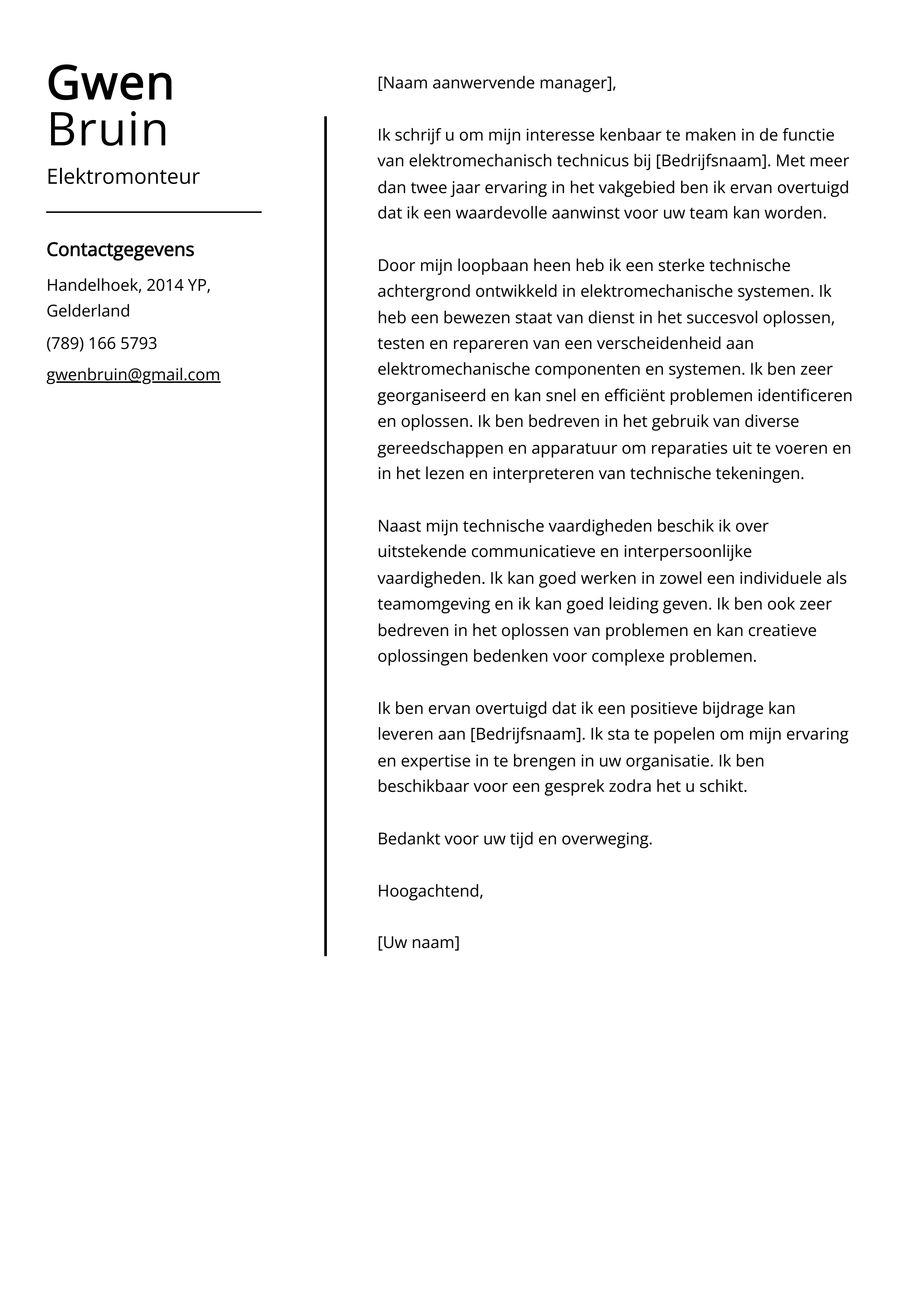 Elektromonteur sollicitatiebrief voorbeeld