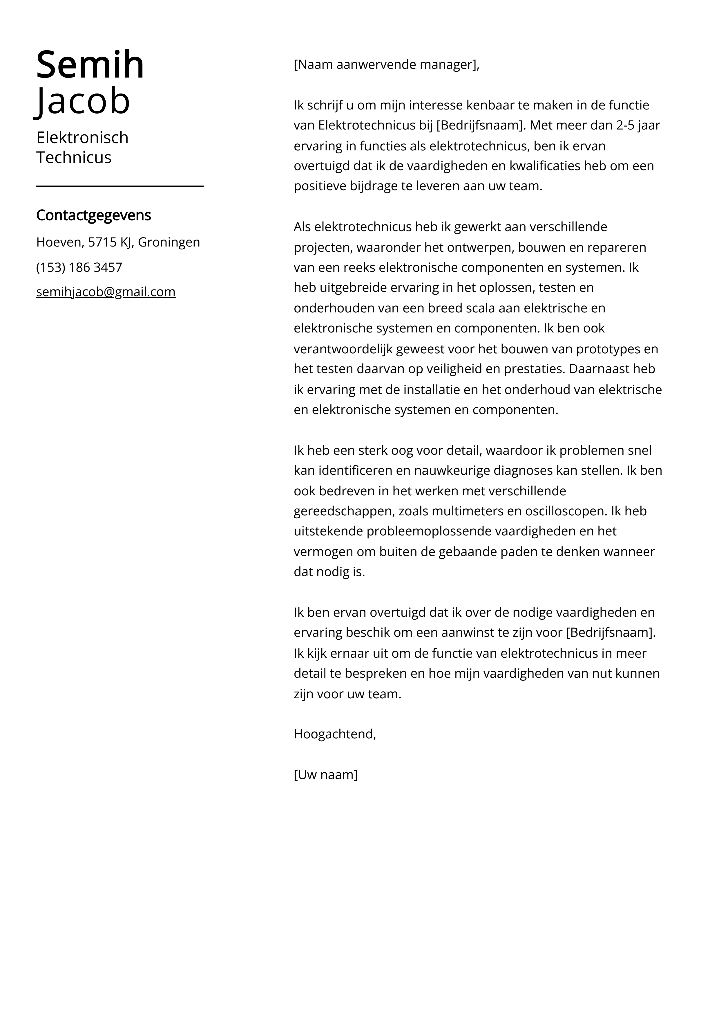 Elektronisch Technicus Voorbeeld sollicitatiebrief