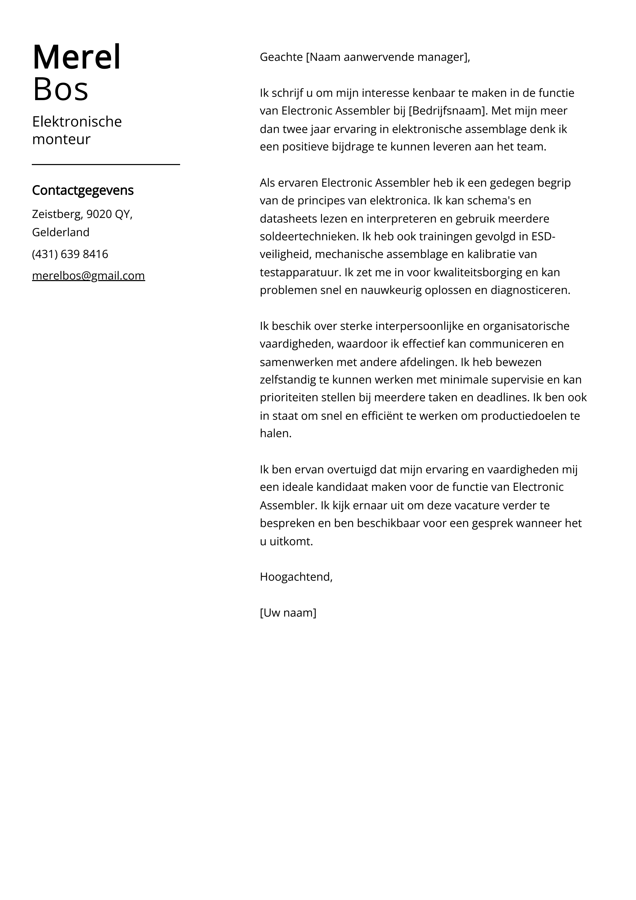 Elektronische monteur Voorbeeld sollicitatiebrief